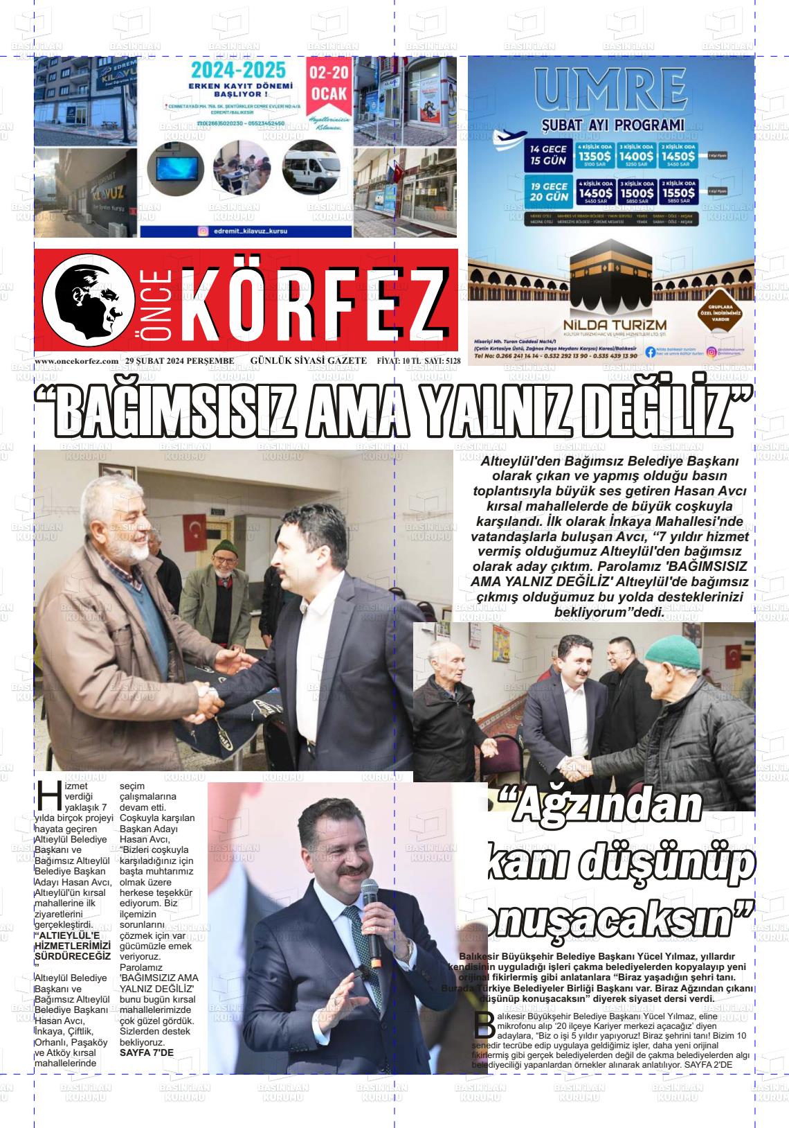 29 Şubat 2024 Önce Körfez Gazete Manşeti