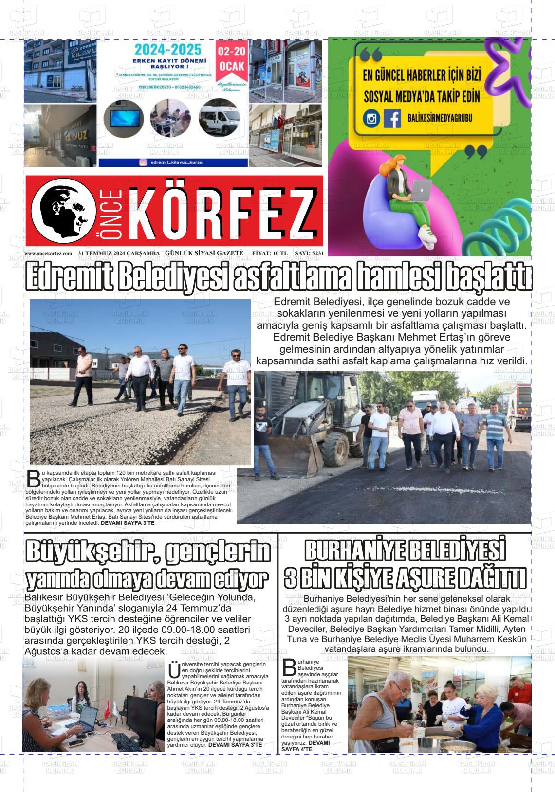 31 Temmuz 2024 Önce Körfez Gazete Manşeti