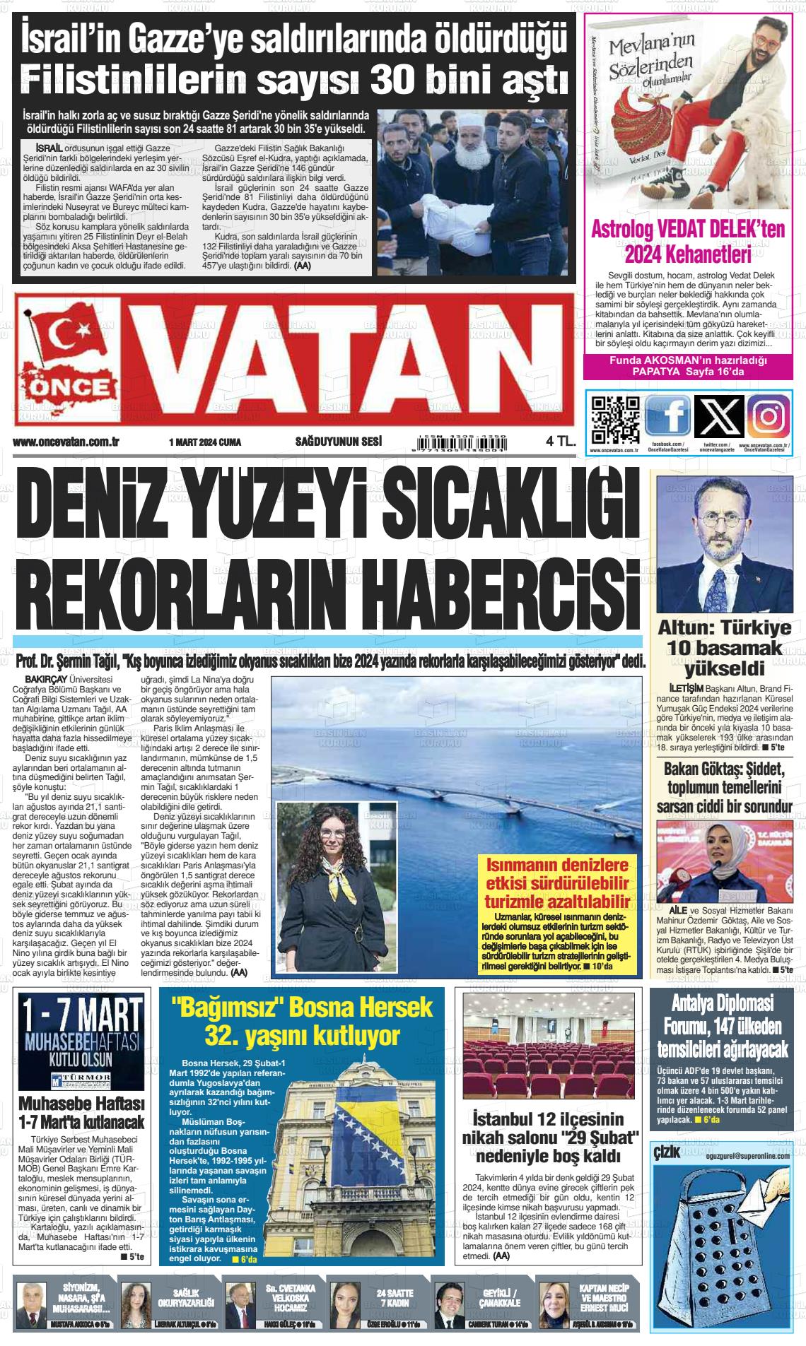 01 Mart 2024 Önce Vatan Gazete Manşeti