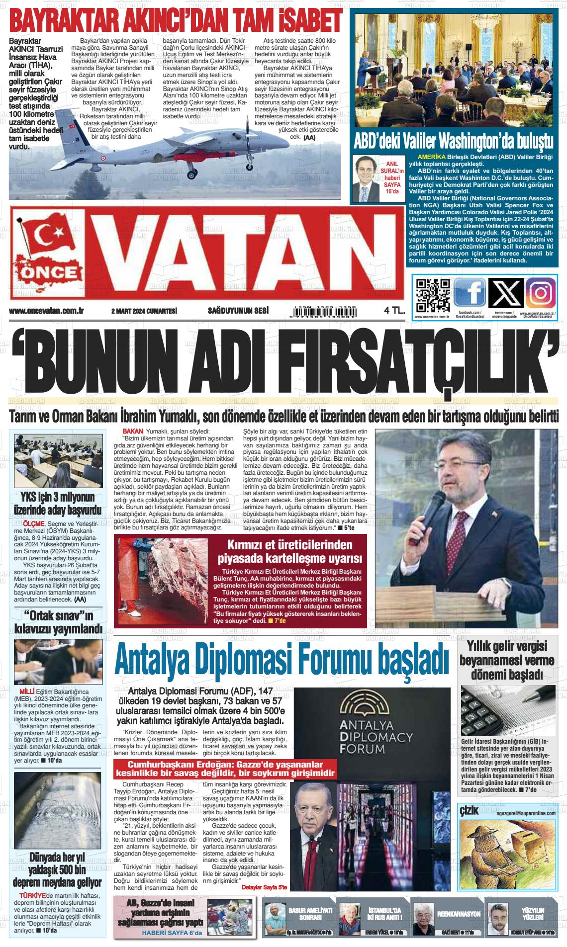 02 Mart 2024 Önce Vatan Gazete Manşeti