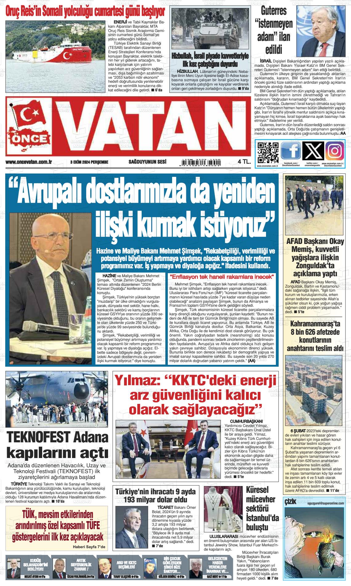 03 Ekim 2024 Önce Vatan Gazete Manşeti