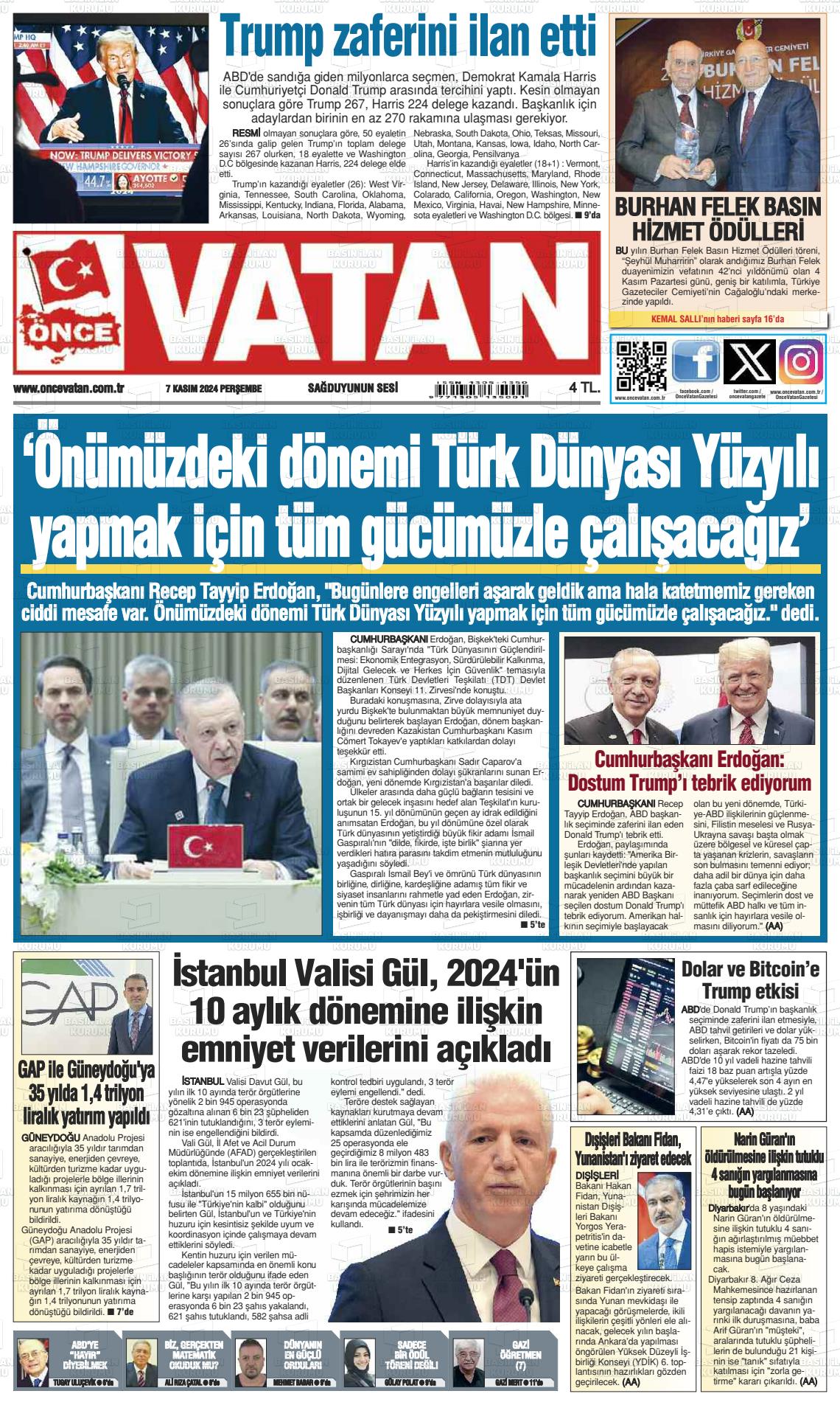 07 Kasım 2024 Önce Vatan Gazete Manşeti