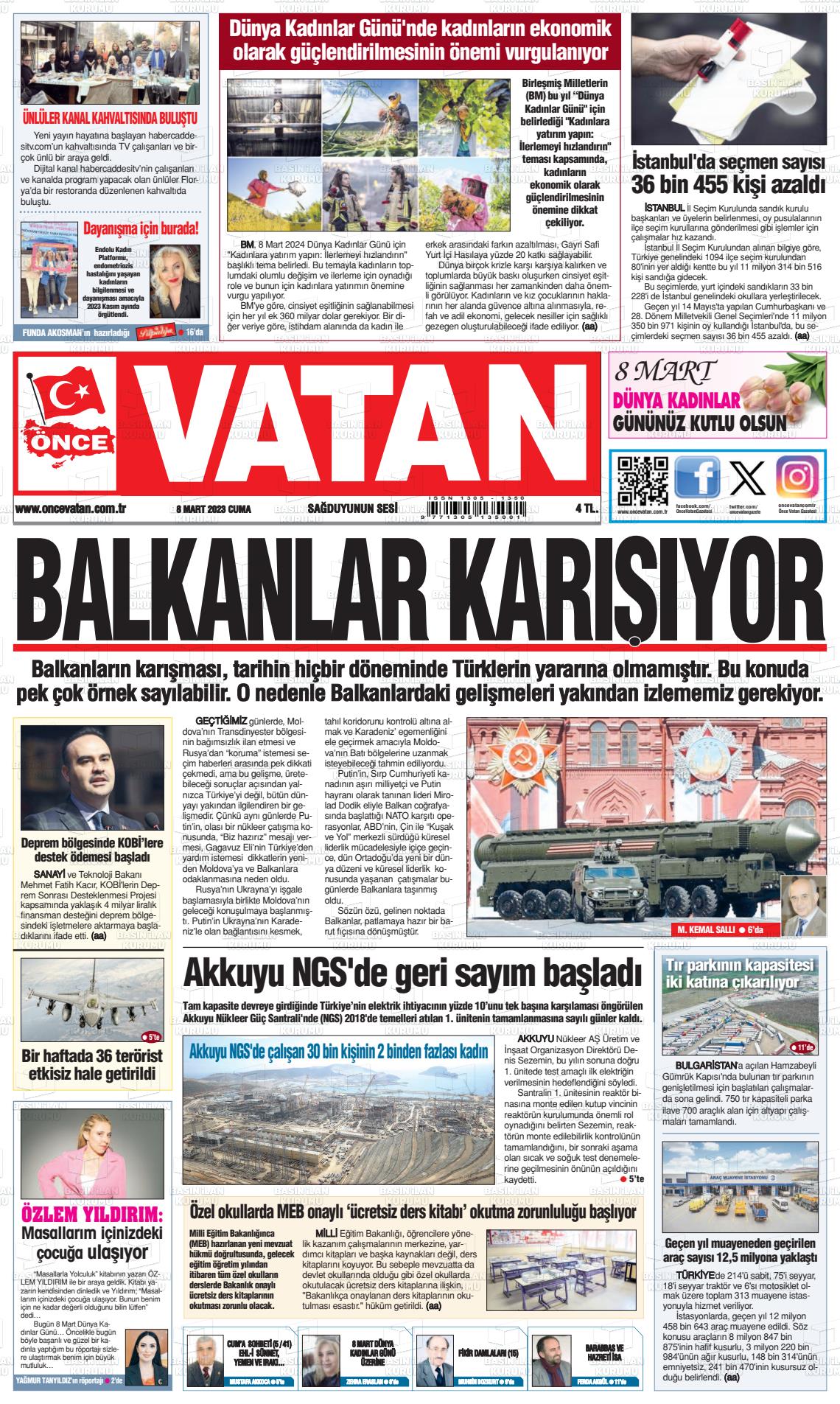 08 Mart 2024 Önce Vatan Gazete Manşeti