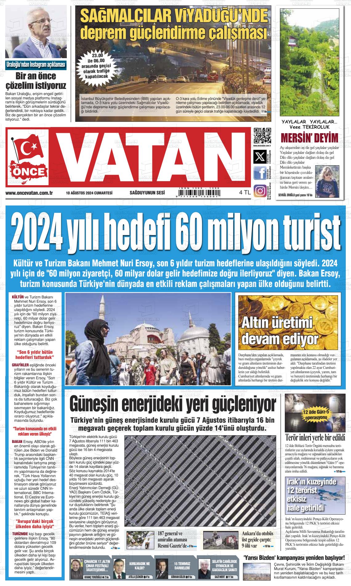 10 Ağustos 2024 Önce Vatan Gazete Manşeti