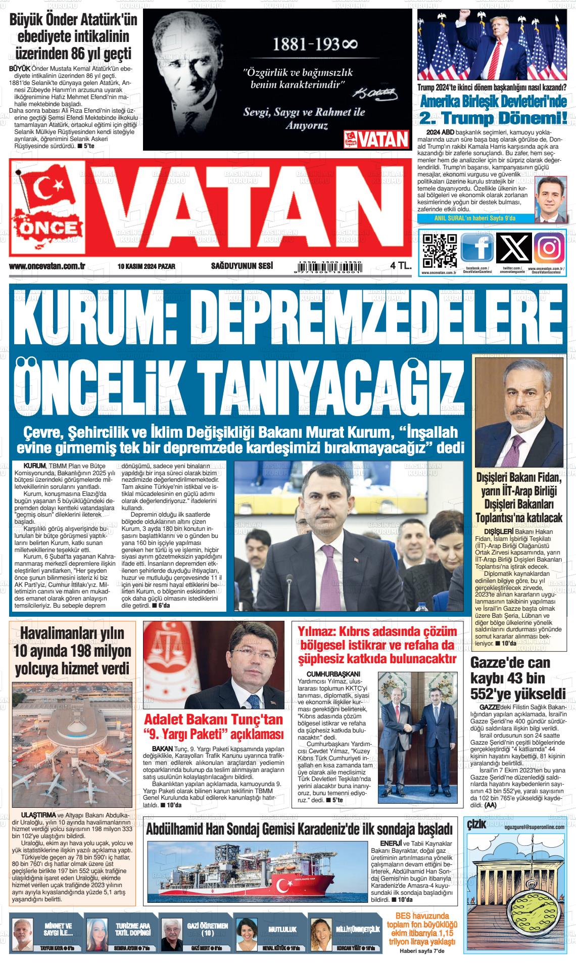 10 Kasım 2024 Önce Vatan Gazete Manşeti