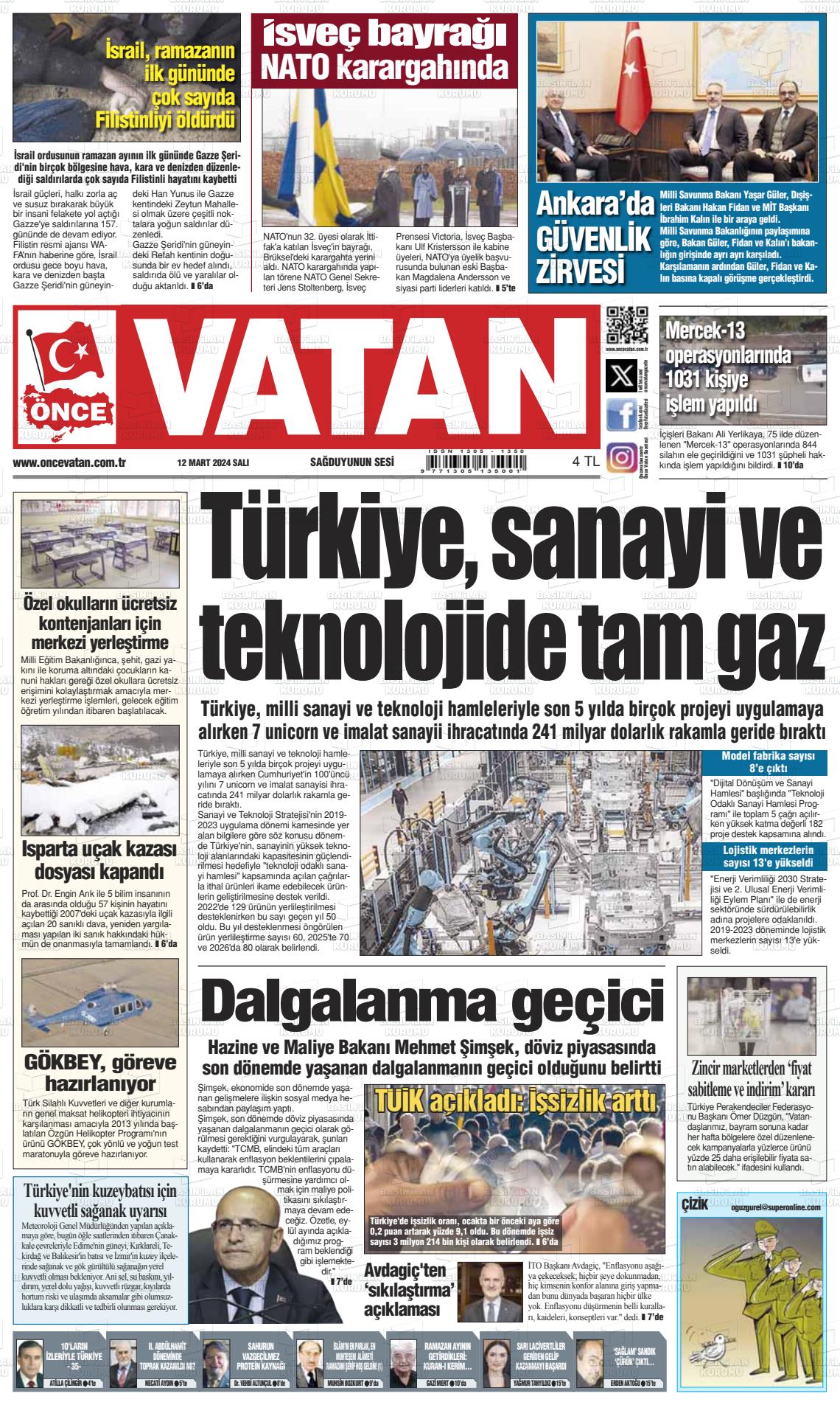 12 Mart 2024 Önce Vatan Gazete Manşeti