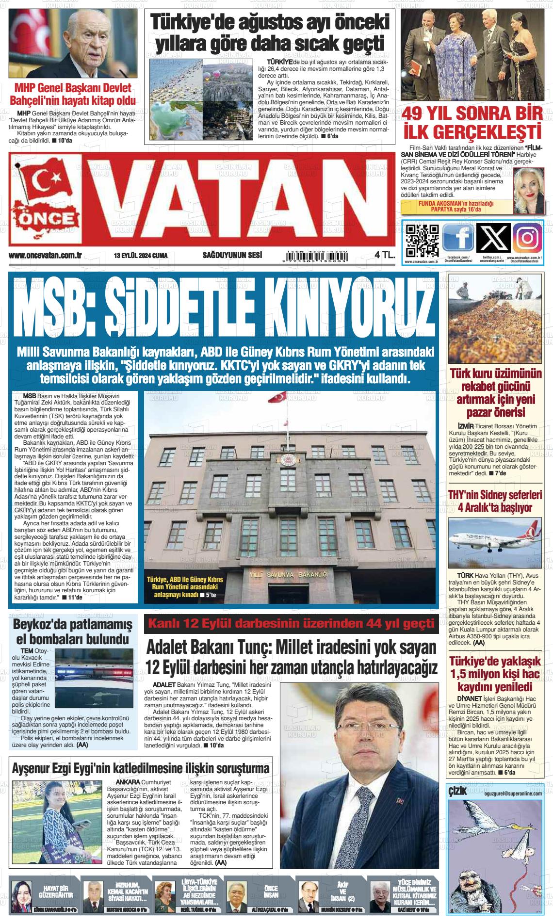 13 Eylül 2024 Önce Vatan Gazete Manşeti