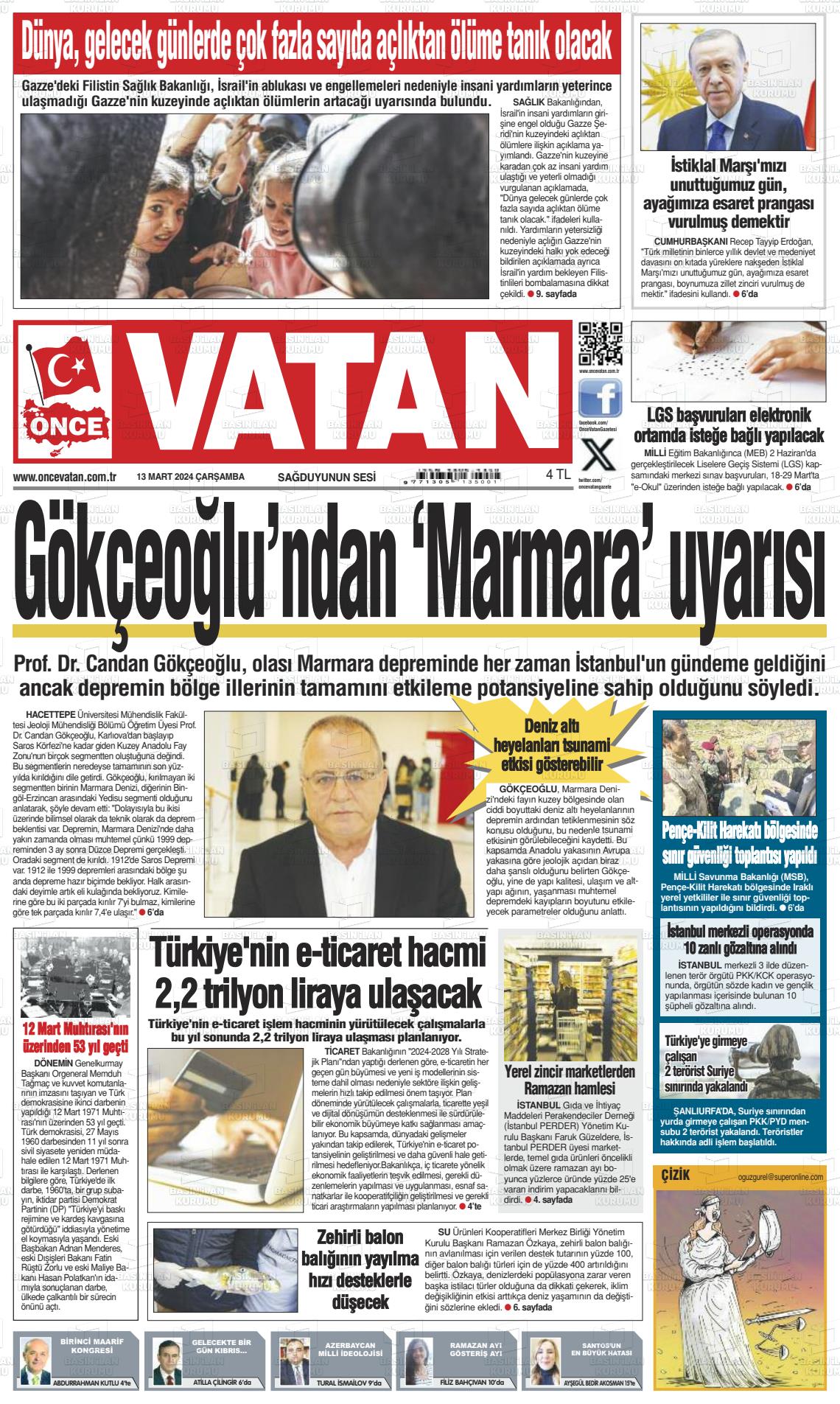 13 Mart 2024 Önce Vatan Gazete Manşeti