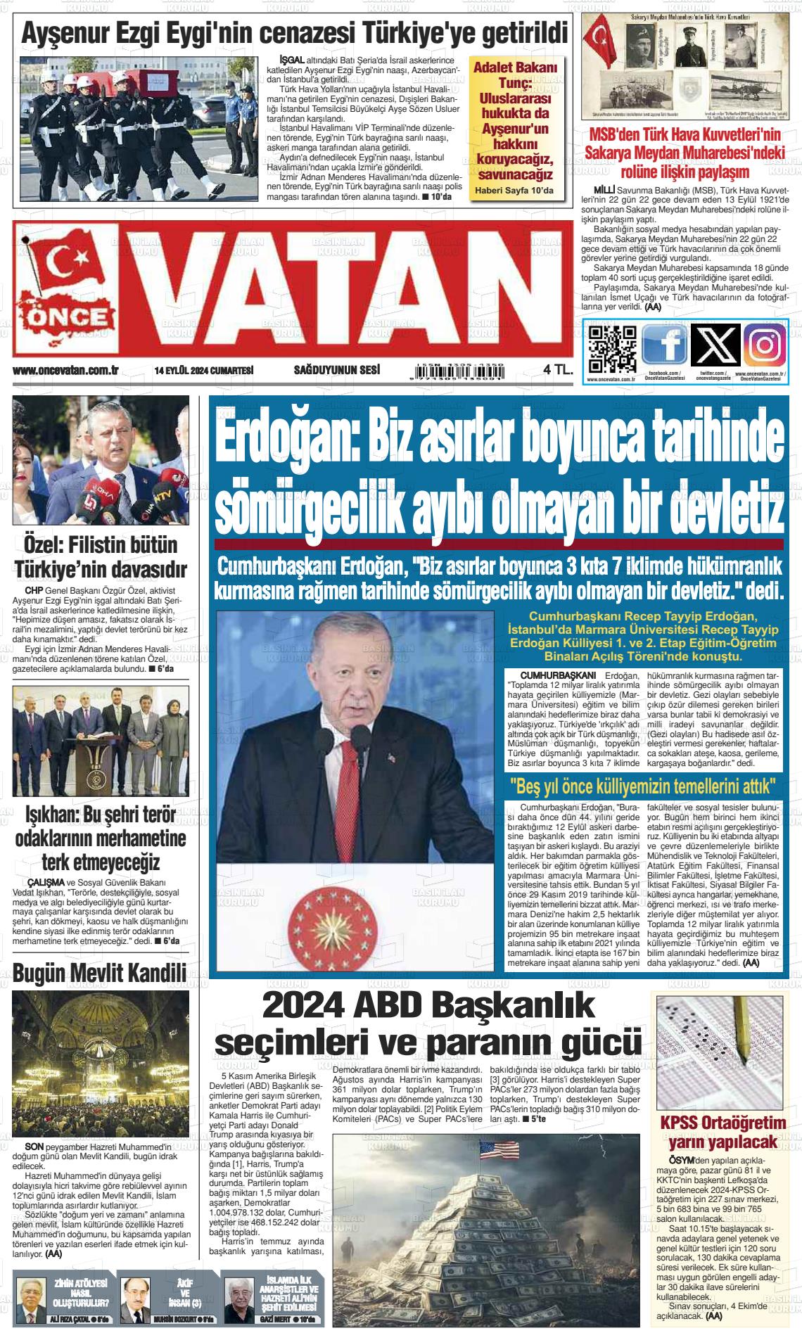 14 Eylül 2024 Önce Vatan Gazete Manşeti