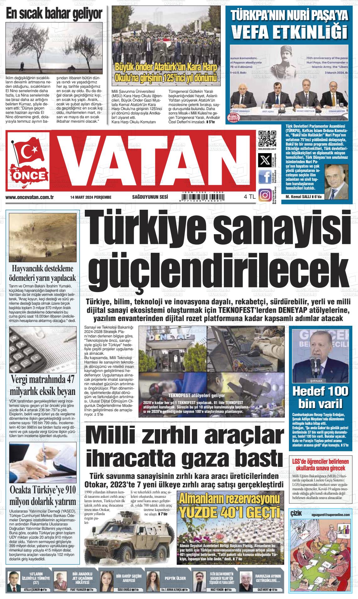 14 Mart 2024 Önce Vatan Gazete Manşeti