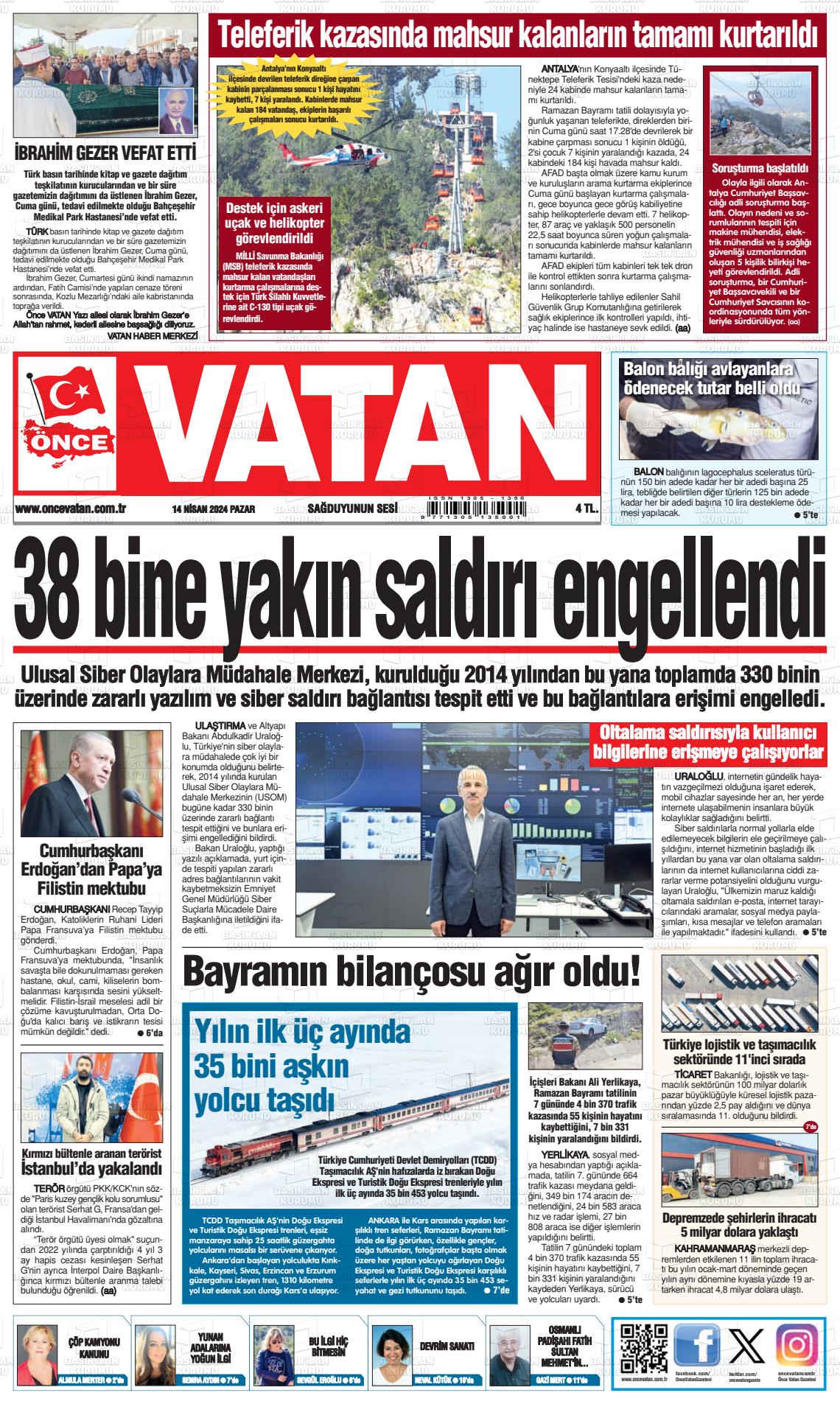 14 Nisan 2024 Önce Vatan Gazete Manşeti