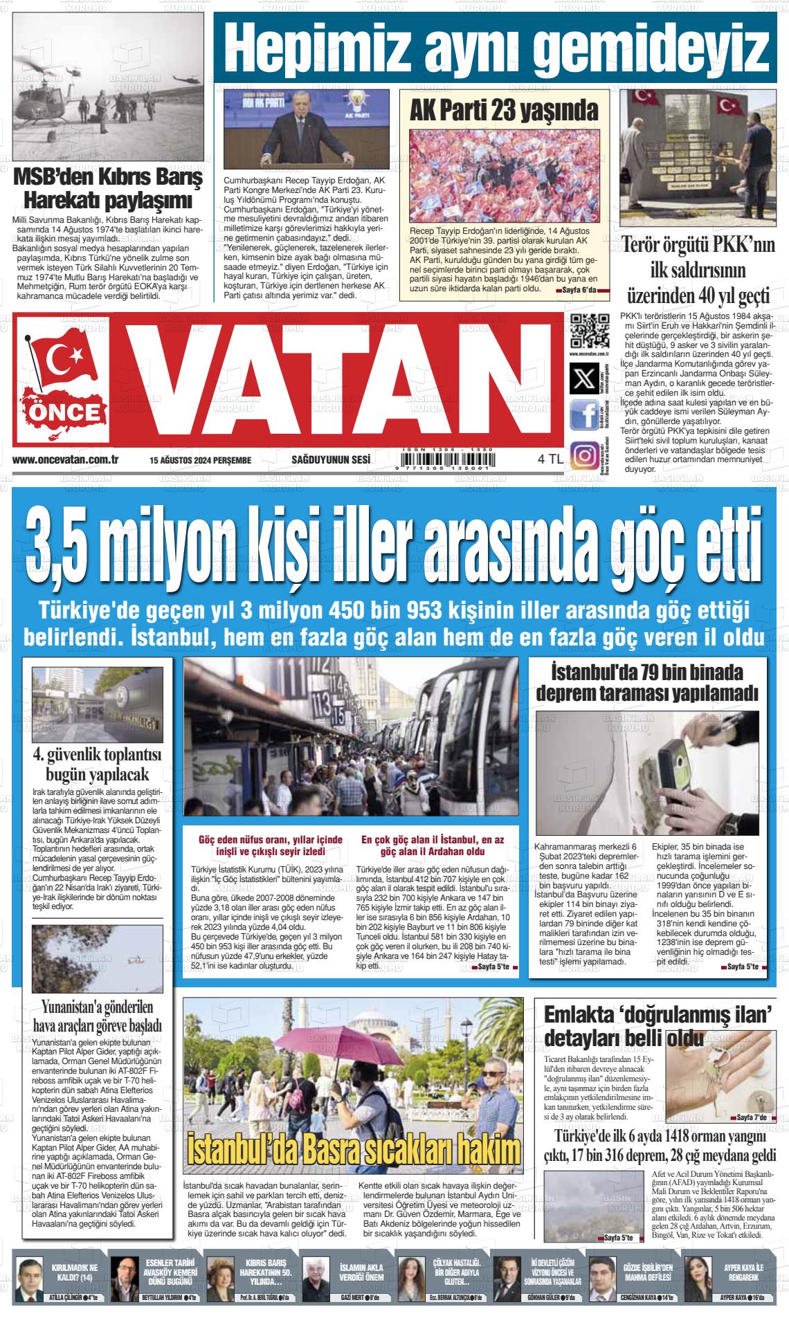 15 Ağustos 2024 Önce Vatan Gazete Manşeti