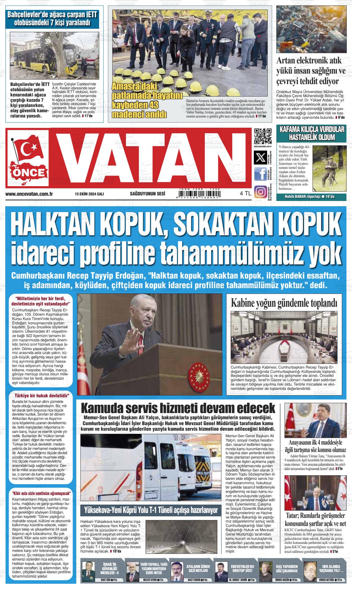 15 Ekim 2024 Önce Vatan Gazete Manşeti