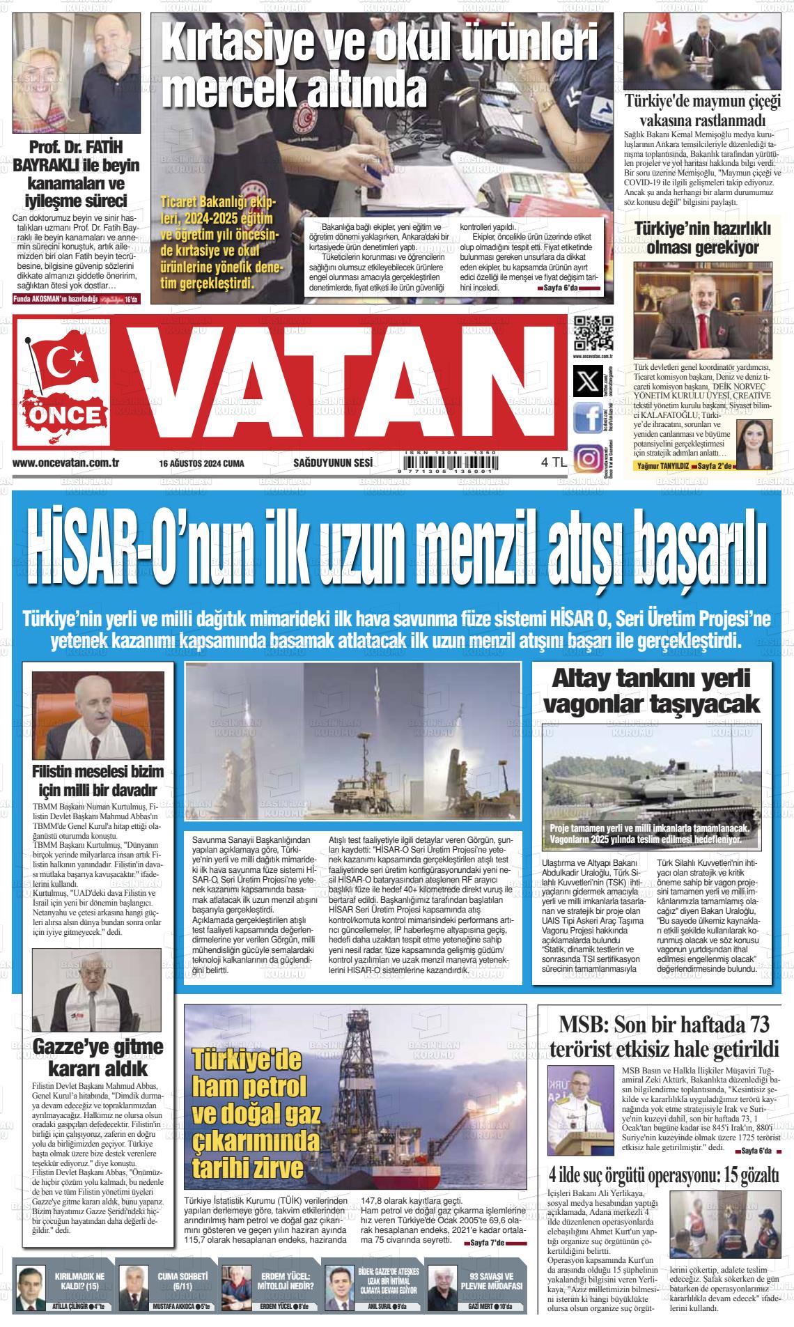 16 Ağustos 2024 Önce Vatan Gazete Manşeti