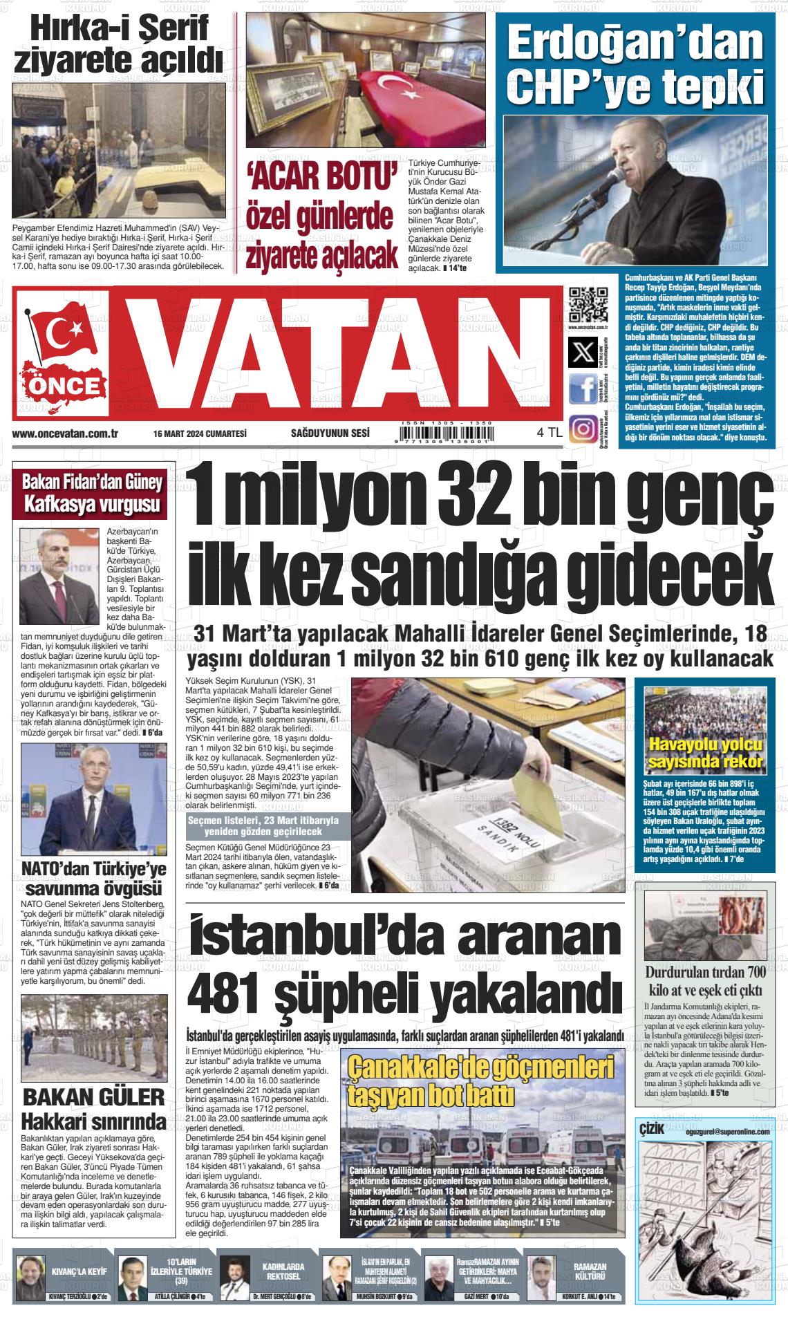 16 Mart 2024 Önce Vatan Gazete Manşeti