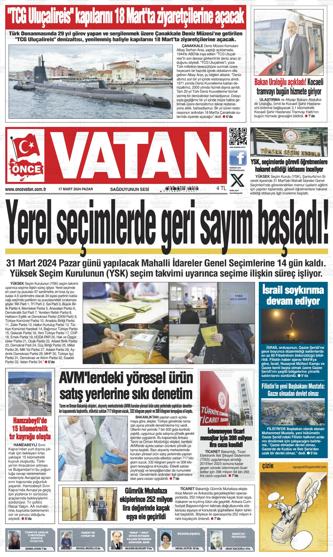 17 Mart 2024 Önce Vatan Gazete Manşeti