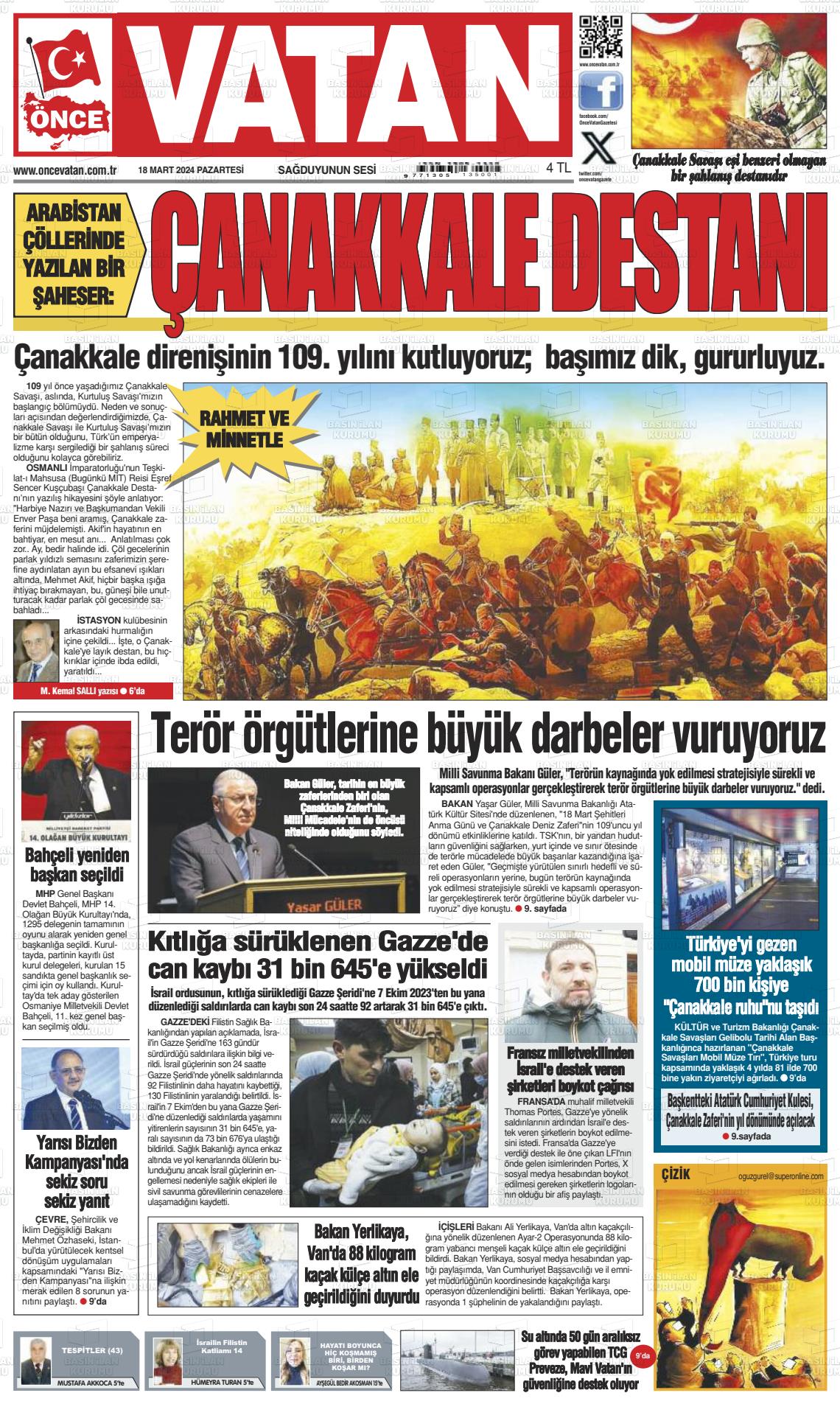 18 Mart 2024 Önce Vatan Gazete Manşeti