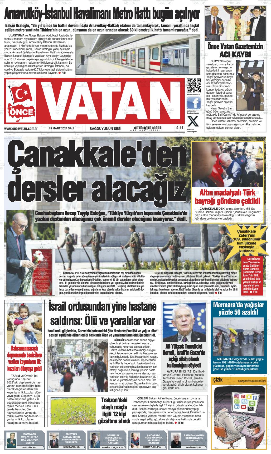 19 Mart 2024 Önce Vatan Gazete Manşeti