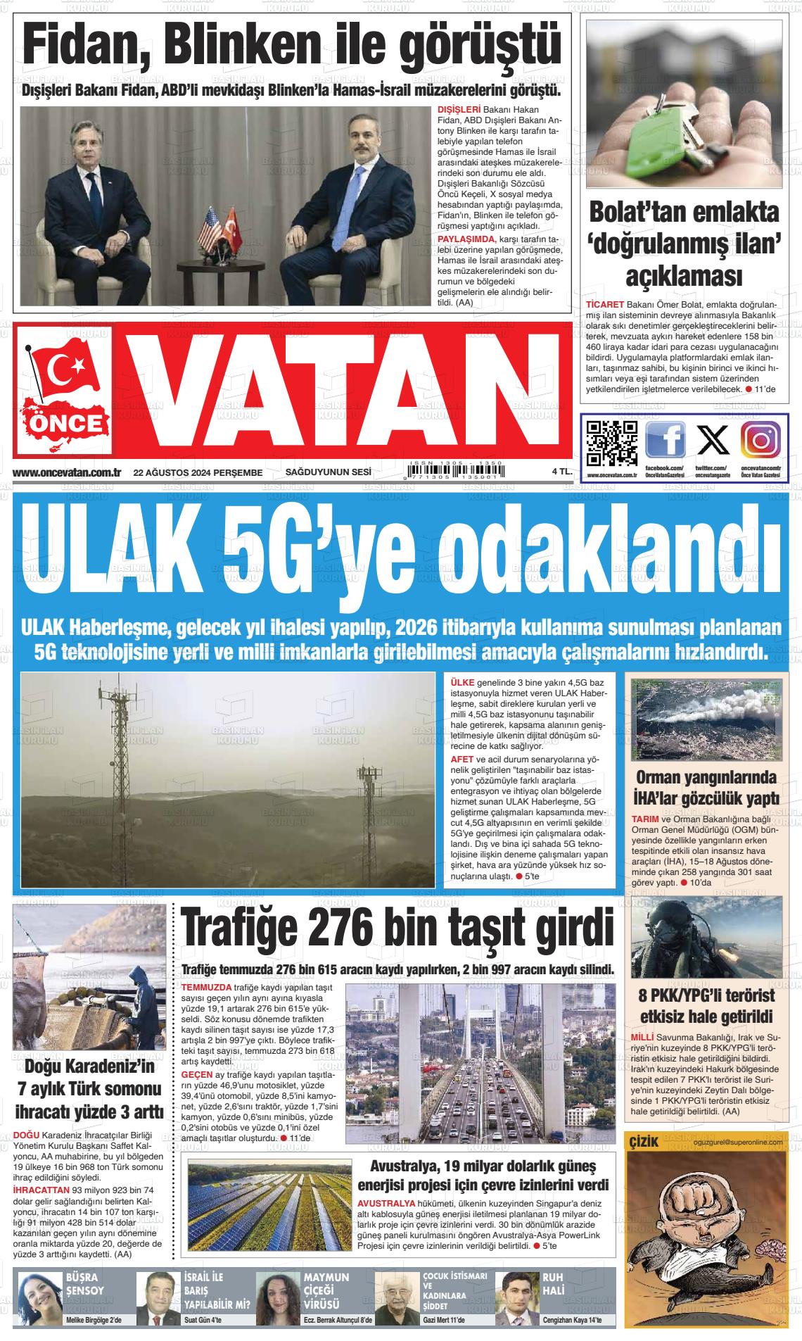 22 Ağustos 2024 Önce Vatan Gazete Manşeti