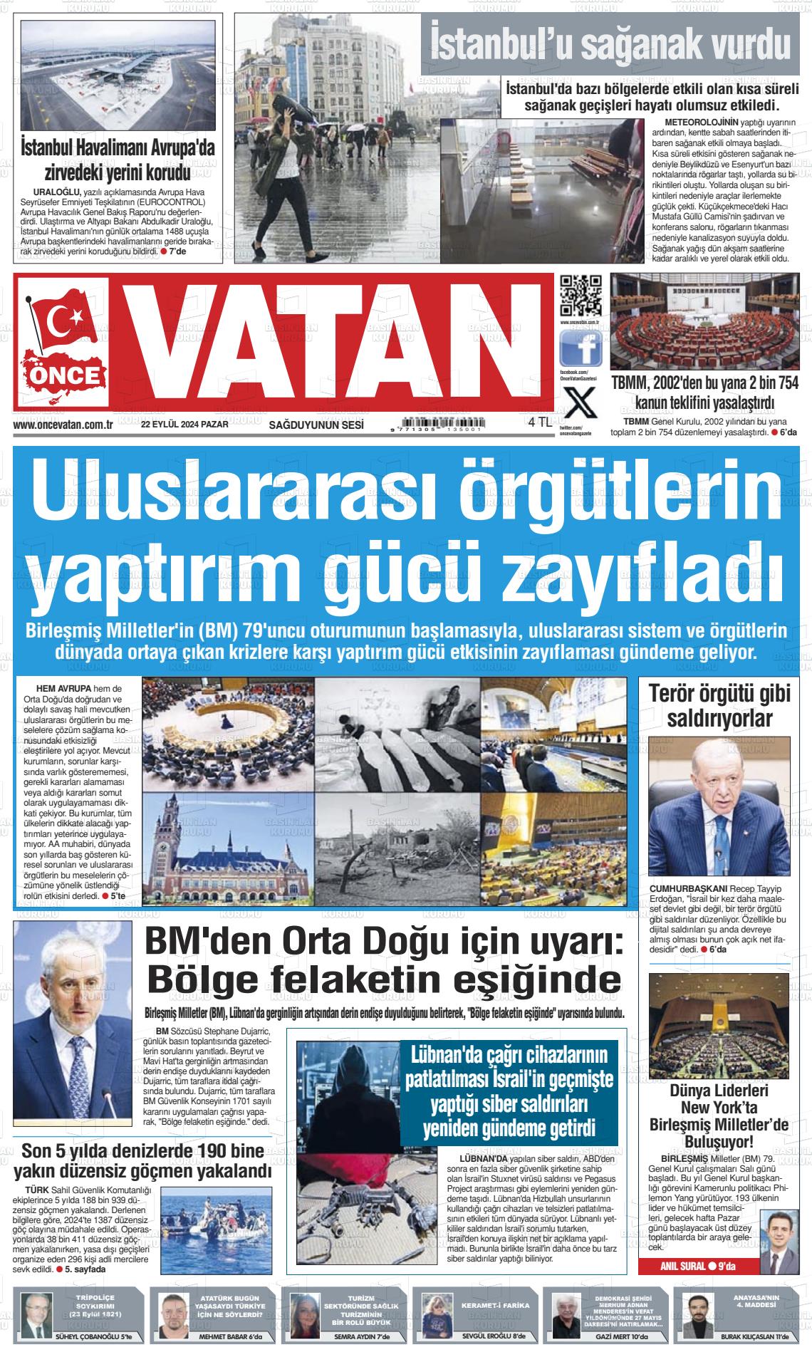 22 Eylül 2024 Önce Vatan Gazete Manşeti