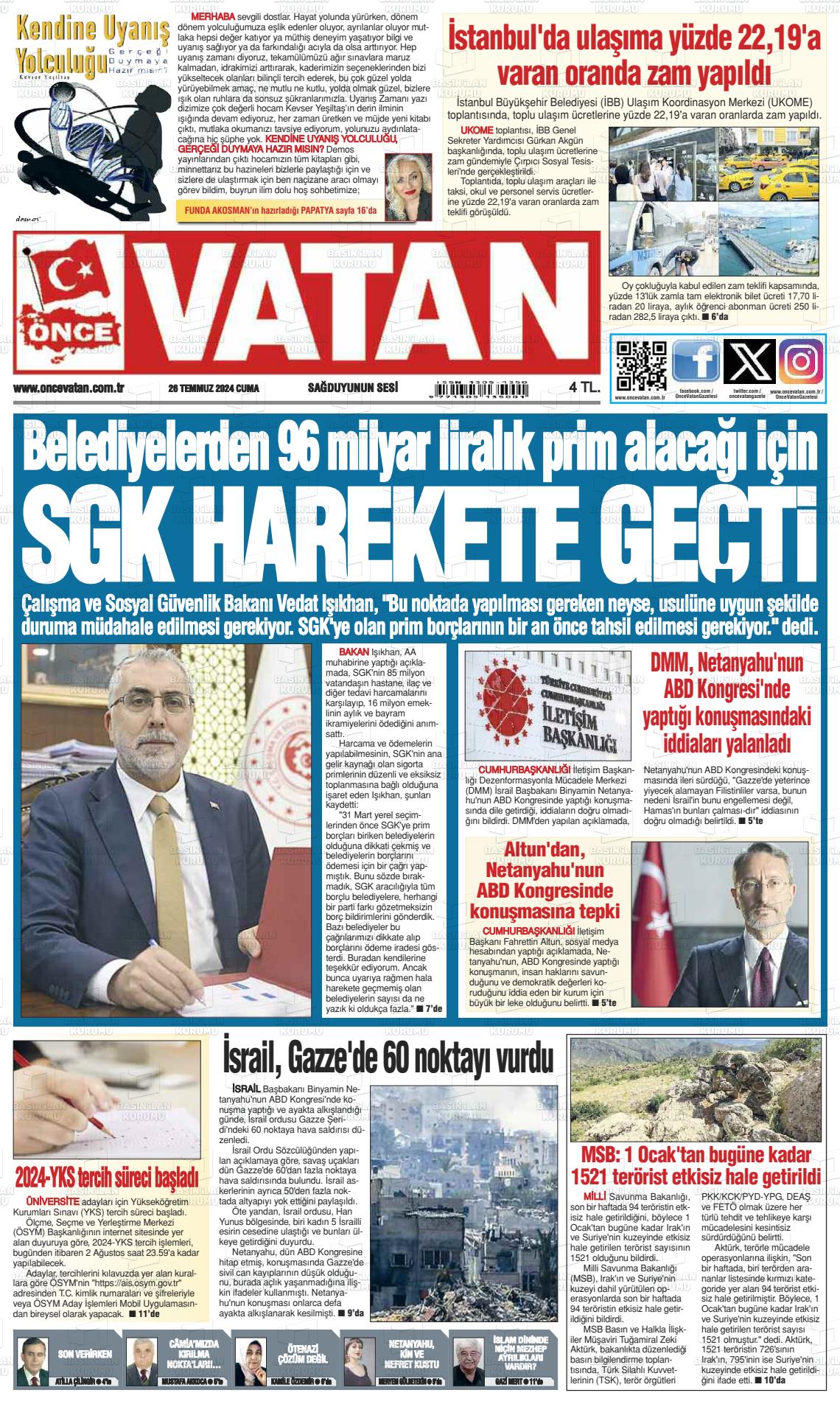 26 Temmuz 2024 Önce Vatan Gazete Manşeti