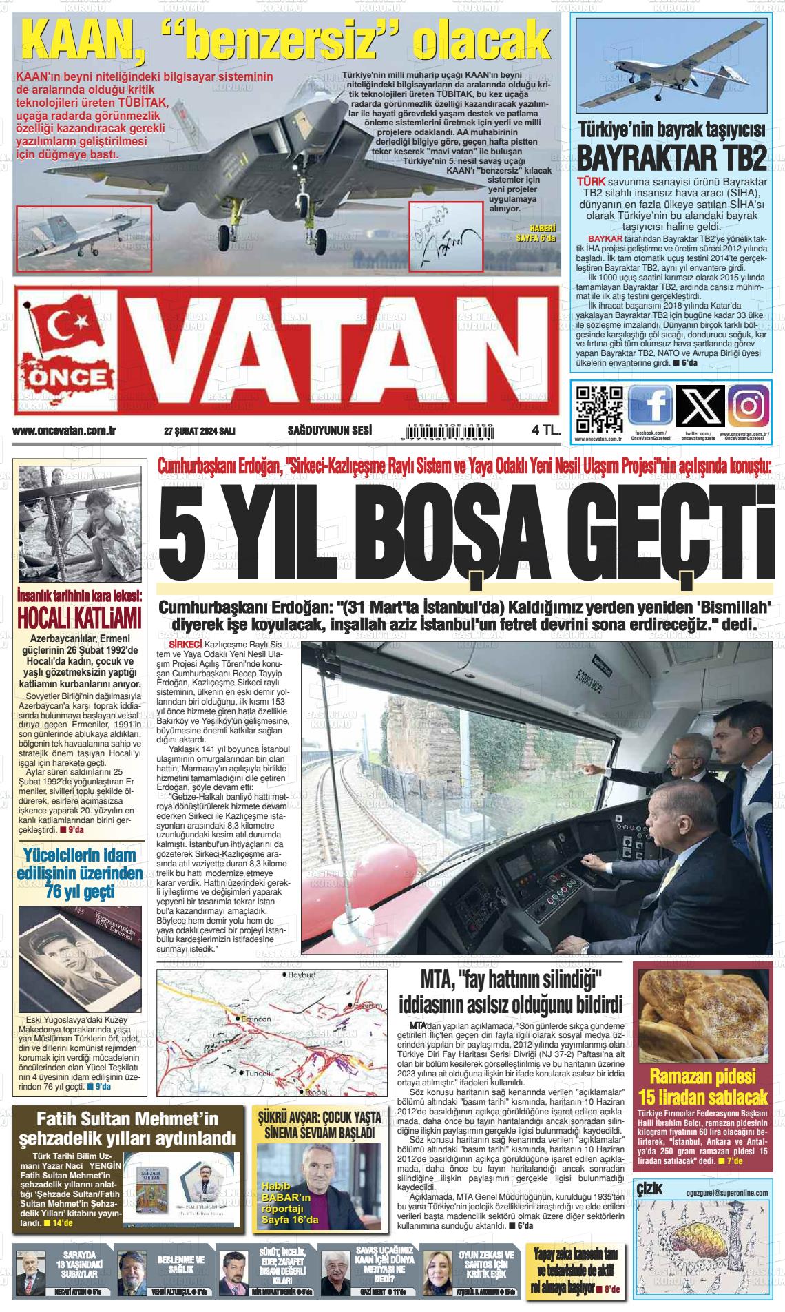 27 Şubat 2024 Önce Vatan Gazete Manşeti