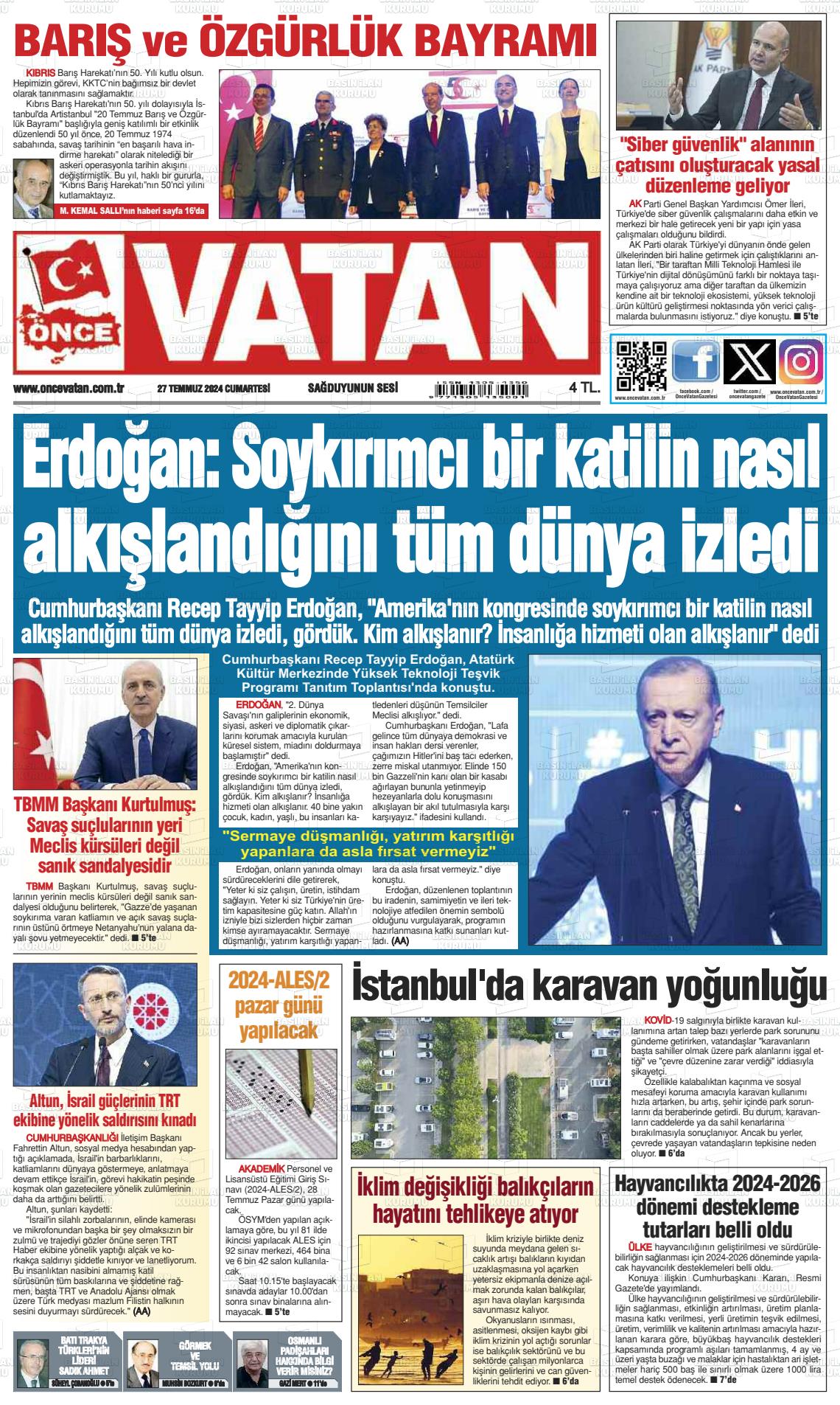 27 Temmuz 2024 Önce Vatan Gazete Manşeti