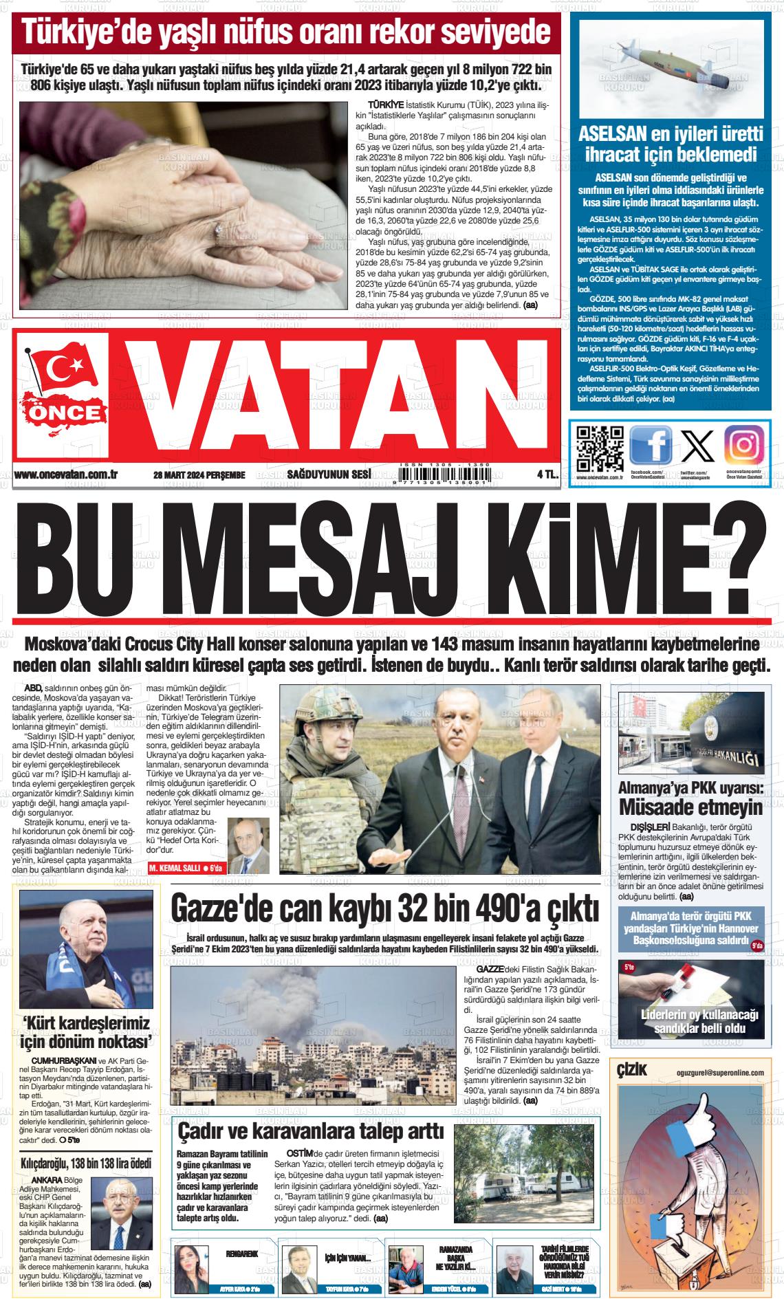 28 Mart 2024 Önce Vatan Gazete Manşeti