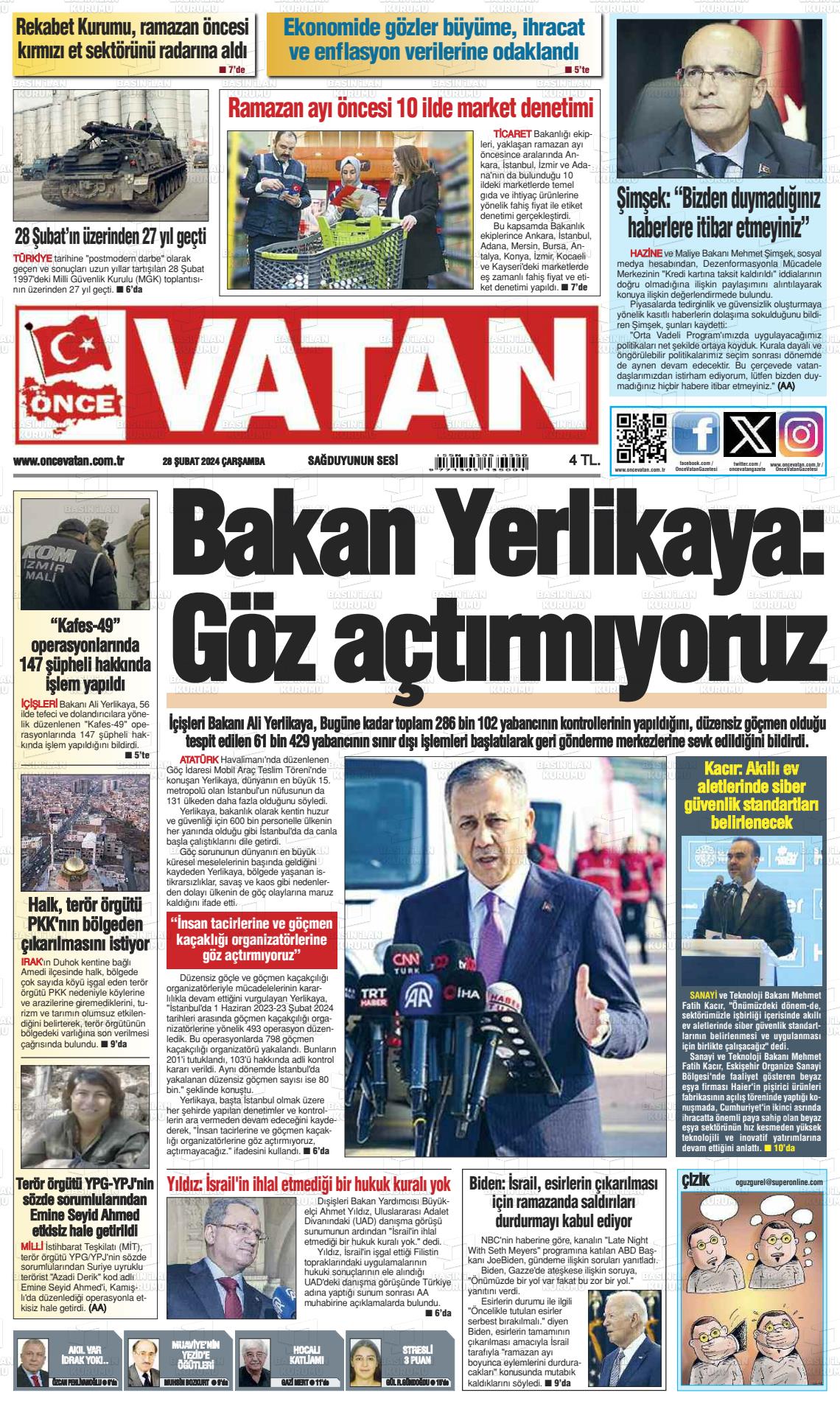 28 Şubat 2024 Önce Vatan Gazete Manşeti