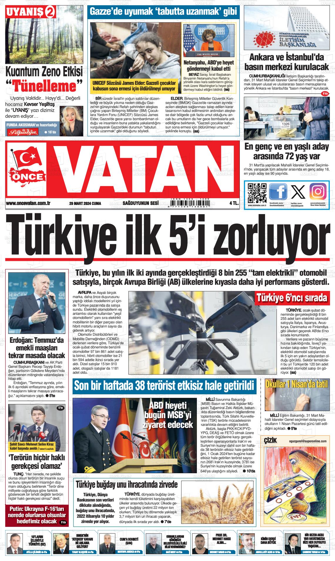 29 Mart 2024 Önce Vatan Gazete Manşeti