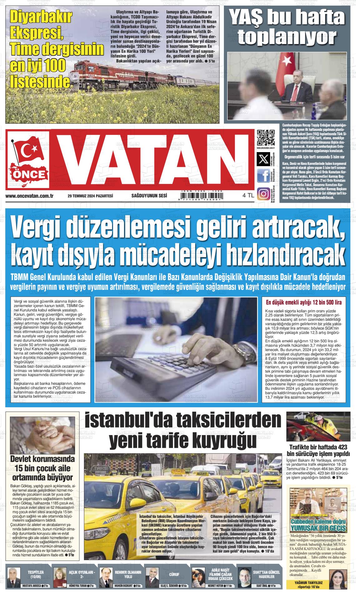 29 Temmuz 2024 Önce Vatan Gazete Manşeti