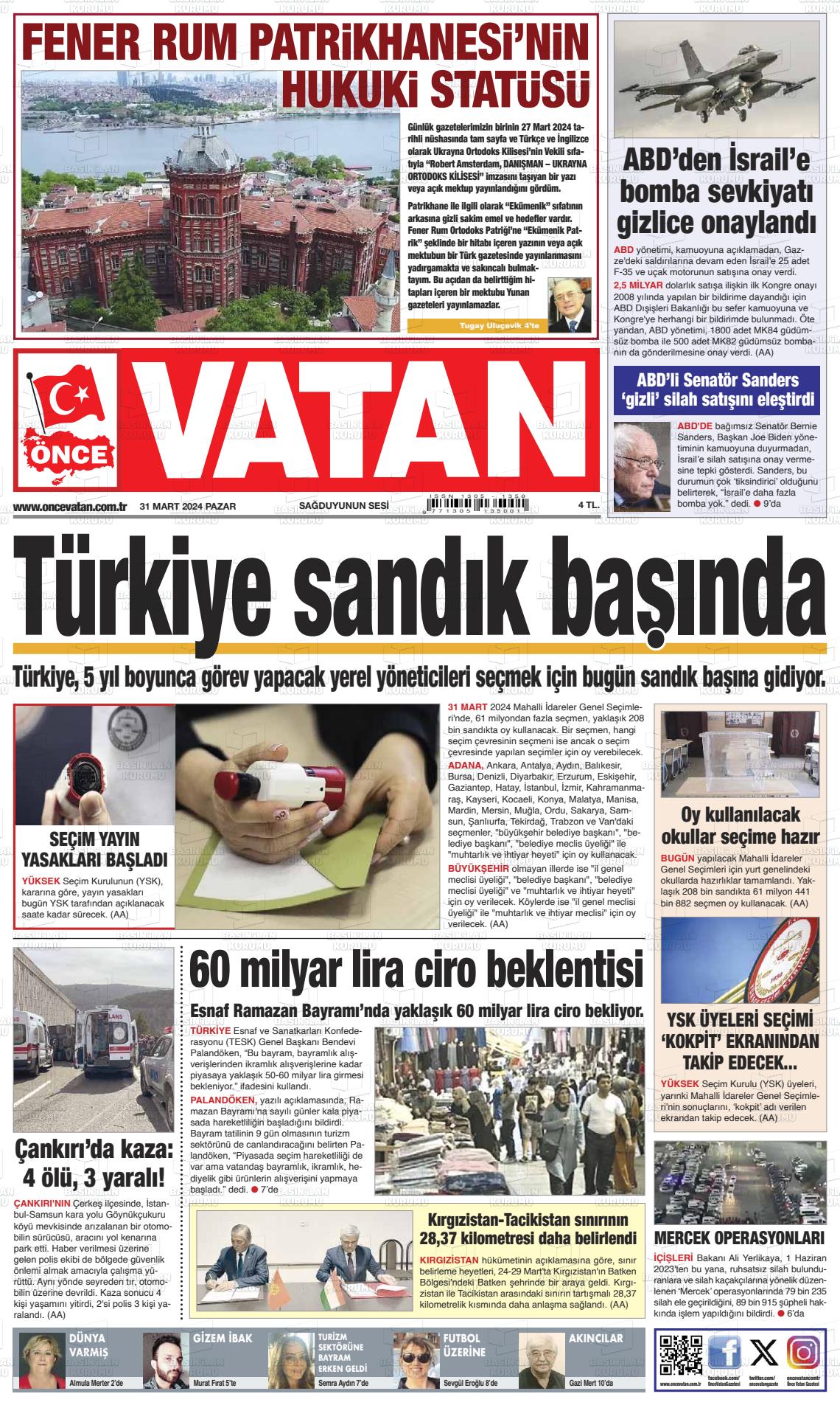 31 Mart 2024 Önce Vatan Gazete Manşeti