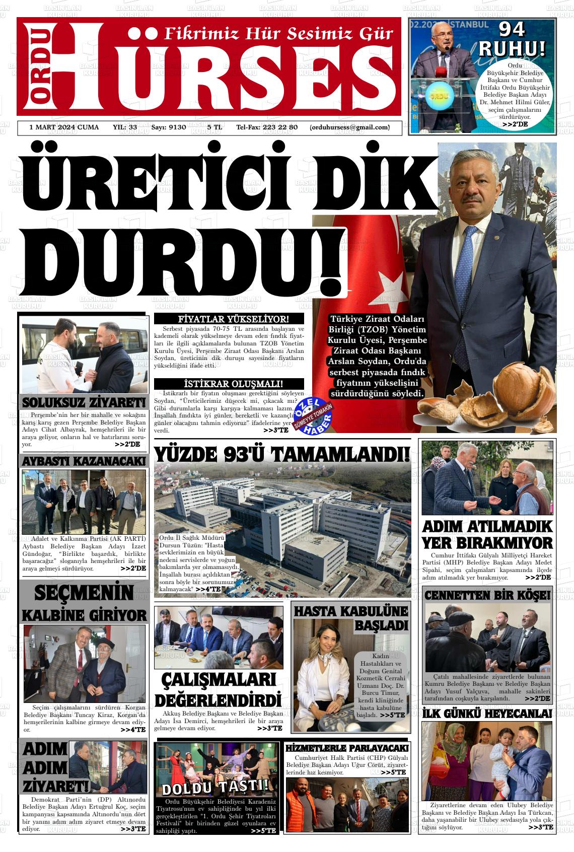 01 Mart 2024 Ordu Hürses Gazete Manşeti