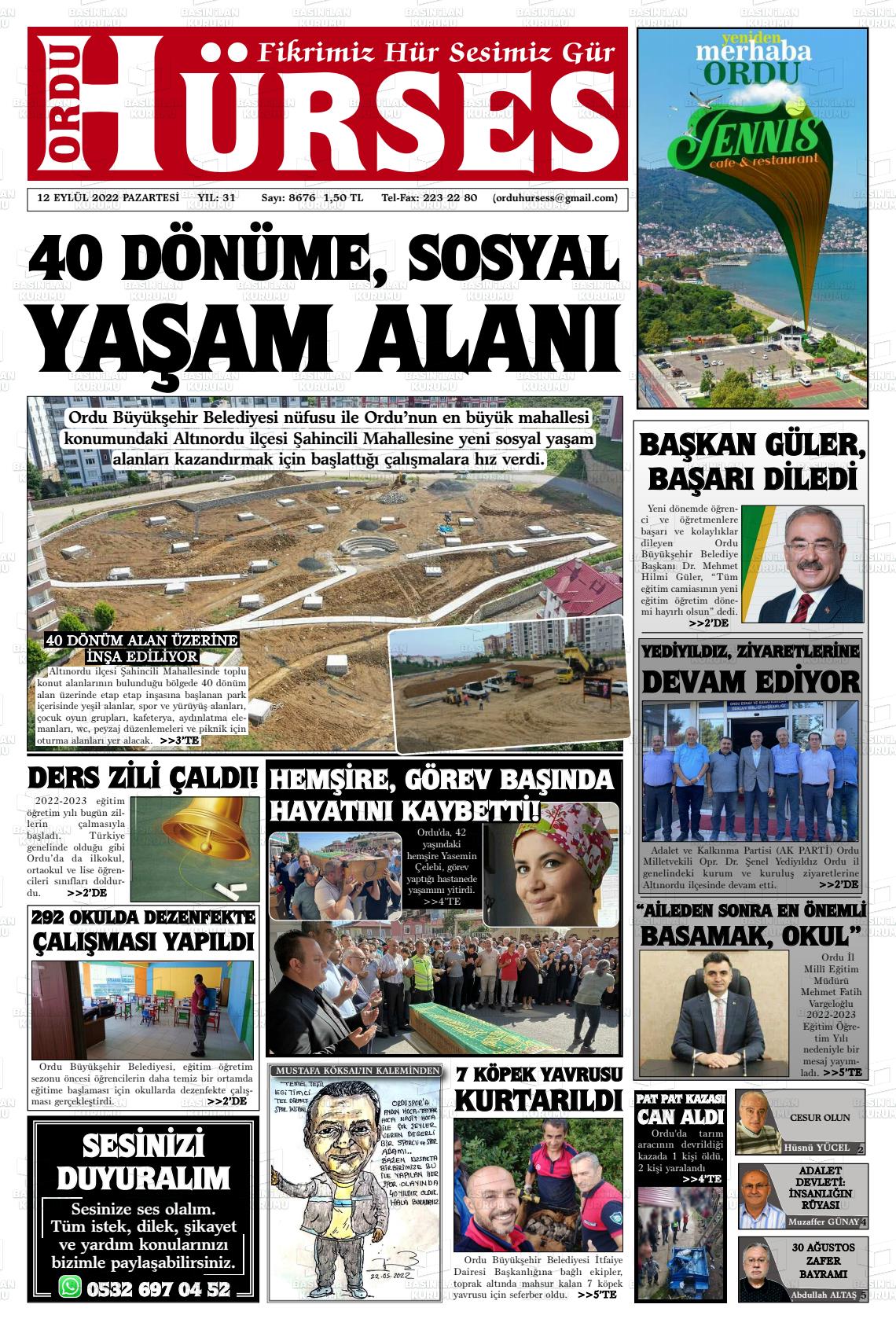 12 Eylül 2022 Ordu Hürses Gazete Manşeti