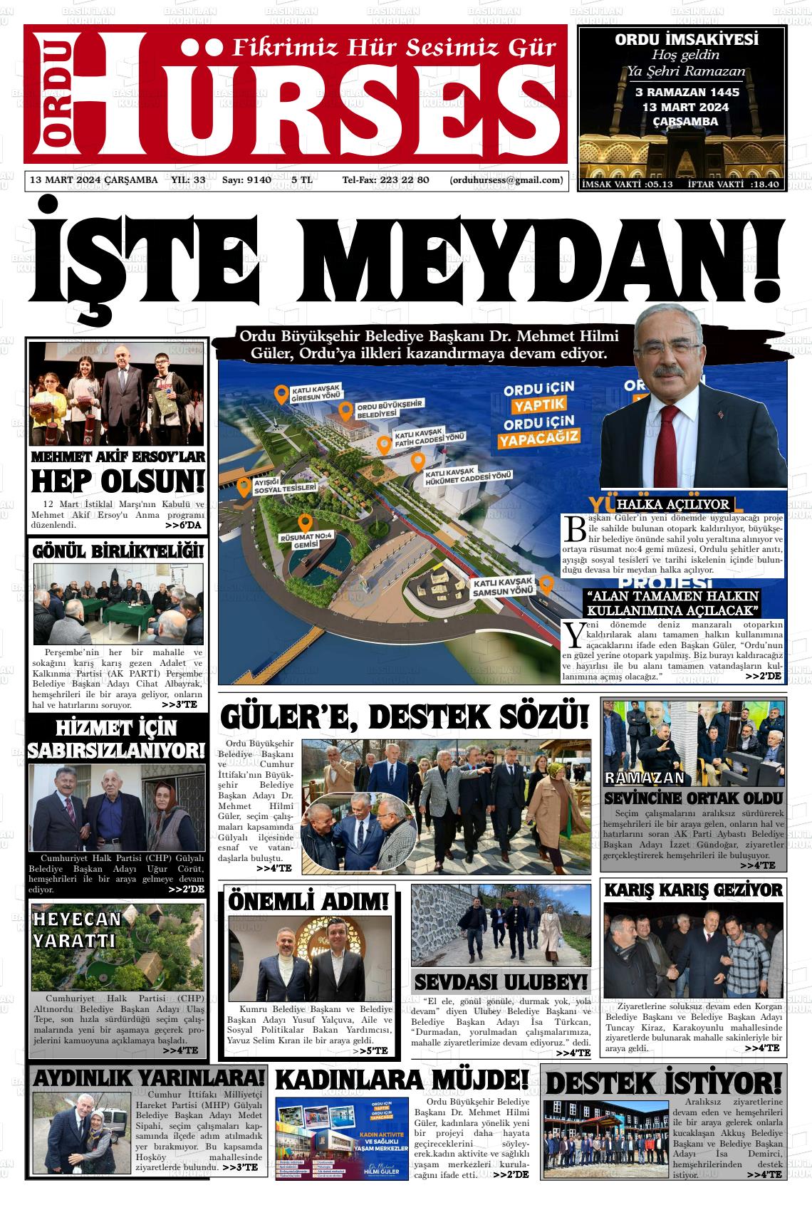 13 Mart 2024 Ordu Hürses Gazete Manşeti