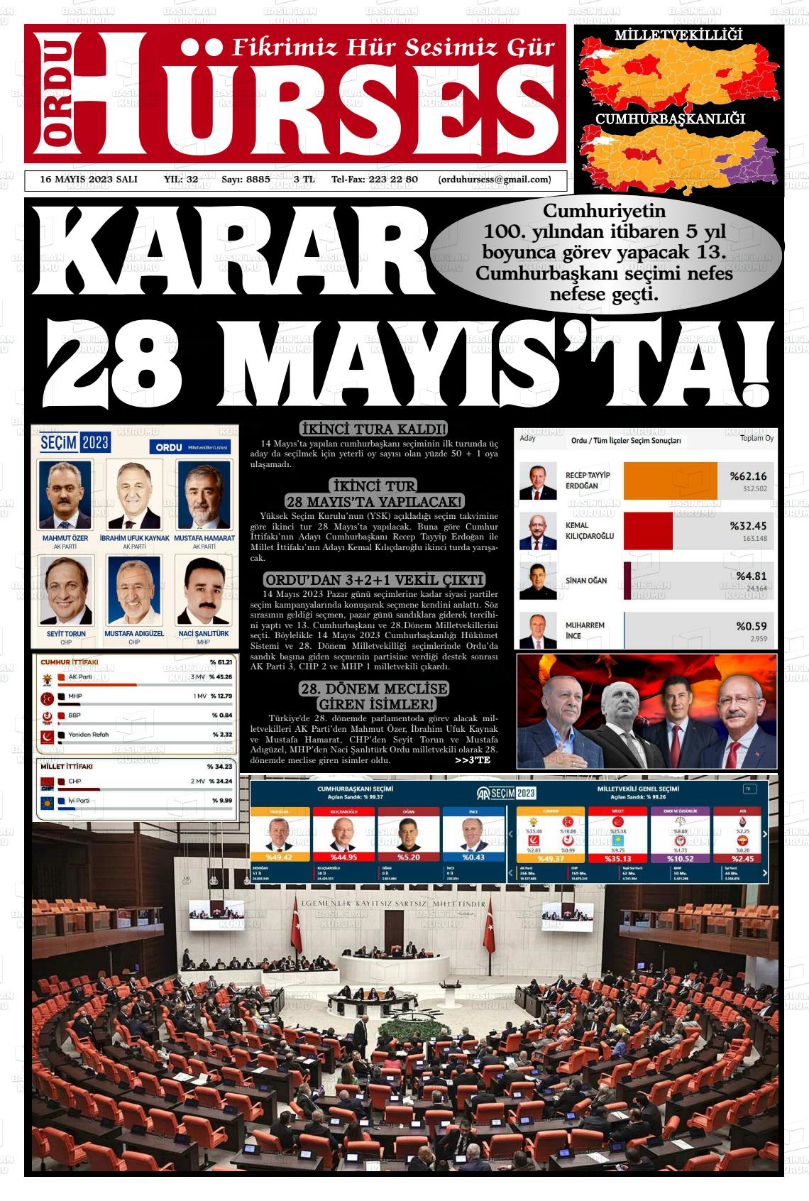 16 Mayıs 2023 Ordu Hürses Gazete Manşeti