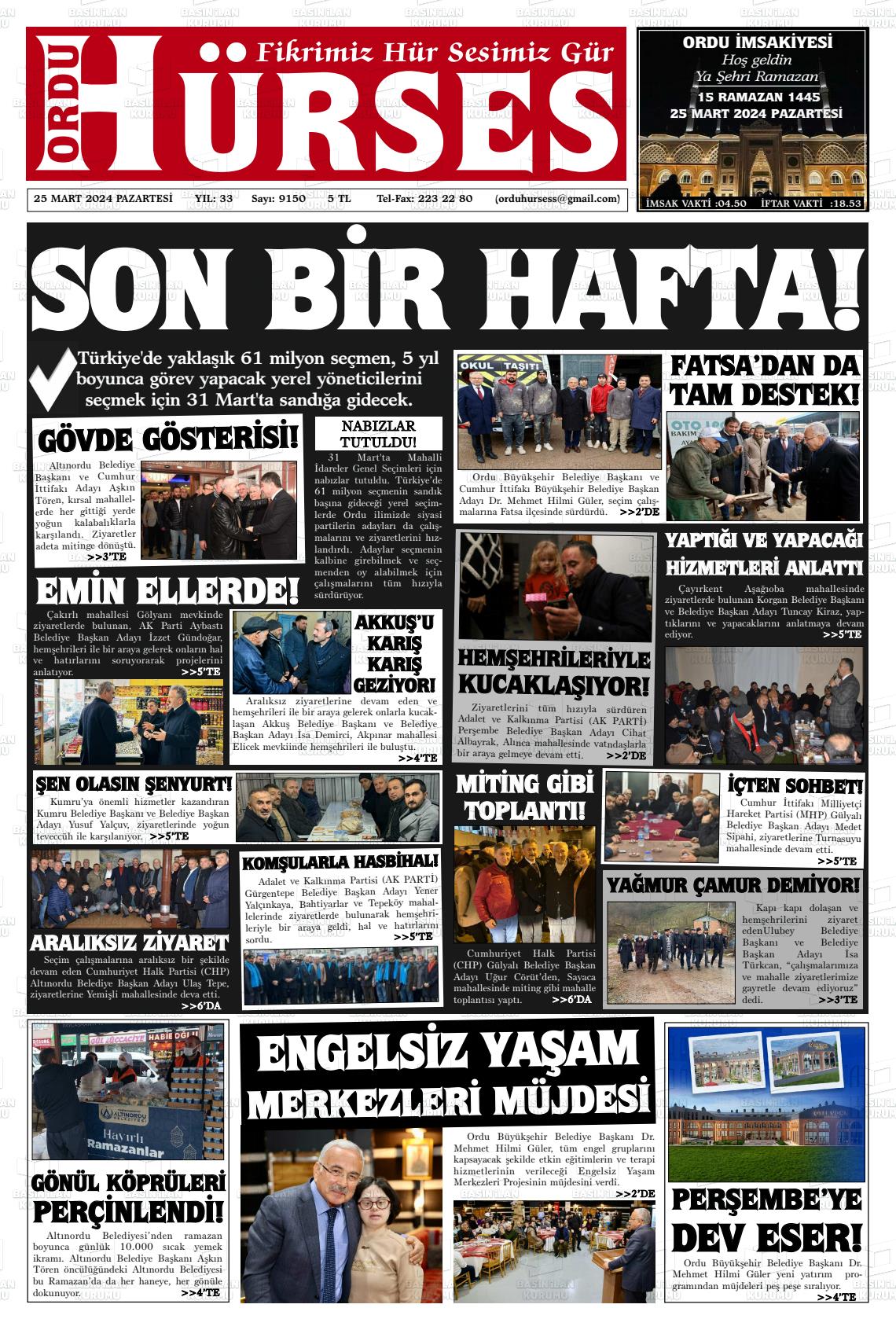 25 Mart 2024 Ordu Hürses Gazete Manşeti