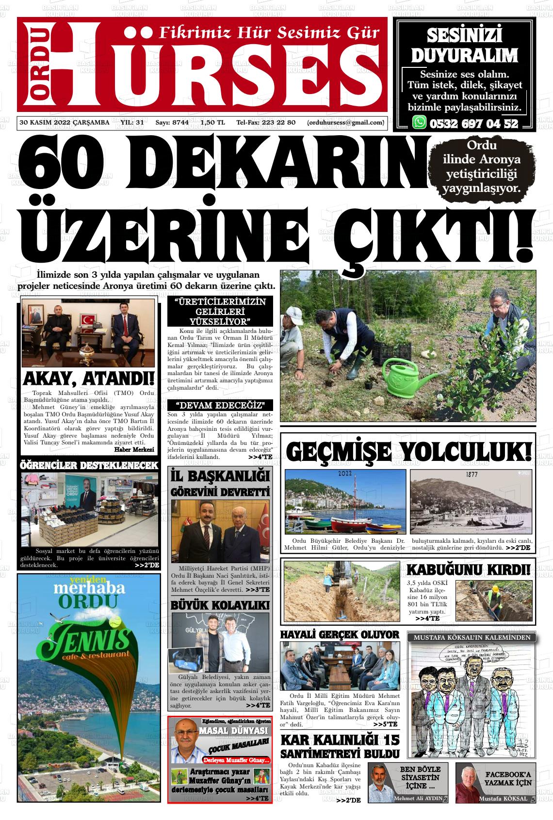 30 Kasım 2022 Ordu Hürses Gazete Manşeti