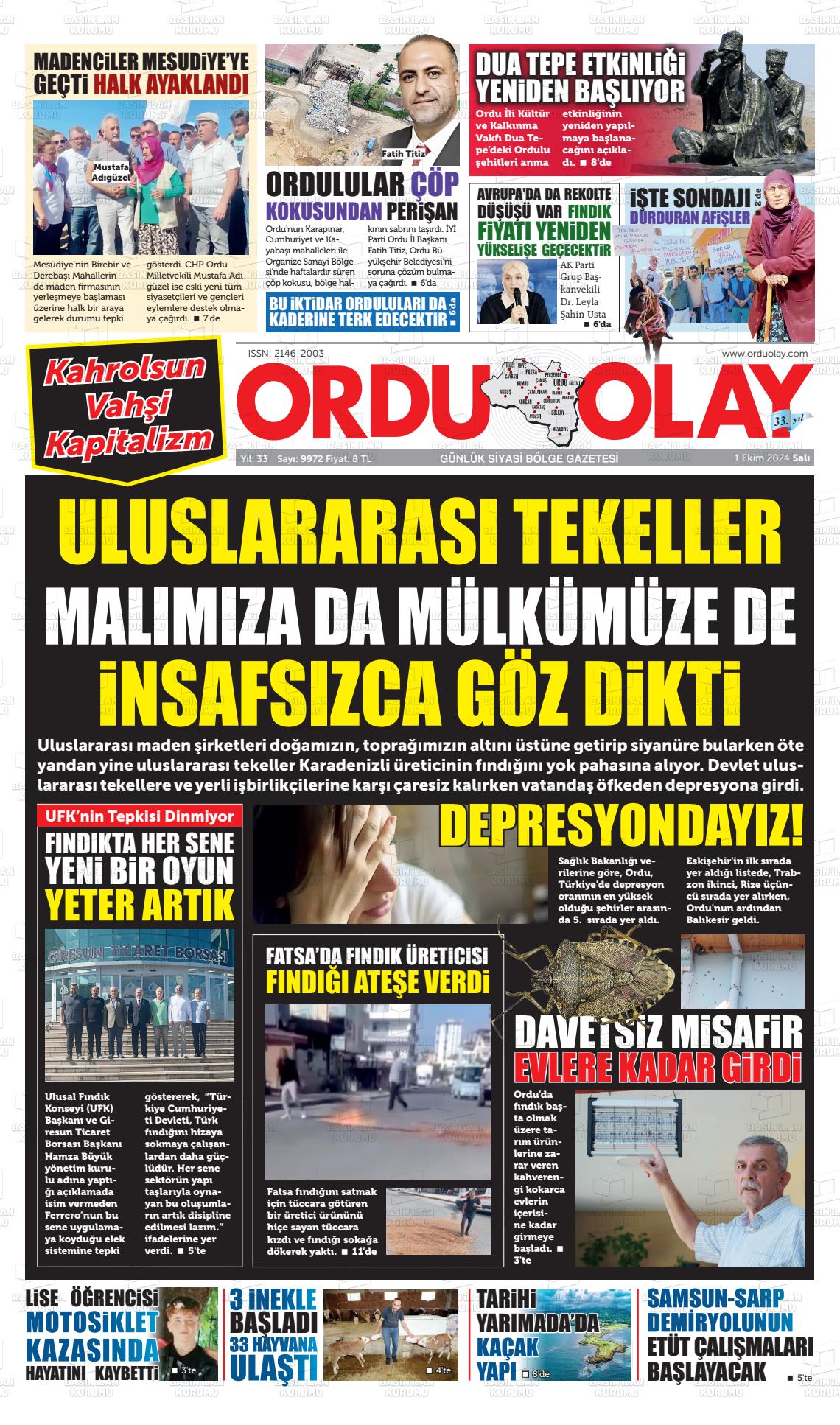 01 Ekim 2024 Ordu Olay Gazete Manşeti