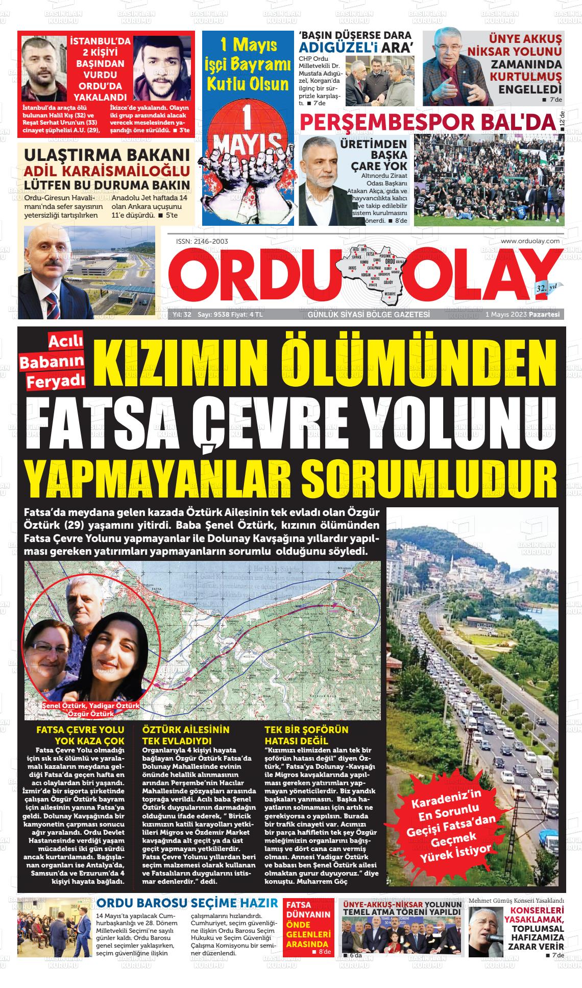 01 Mayıs 2023 Ordu Olay Gazete Manşeti