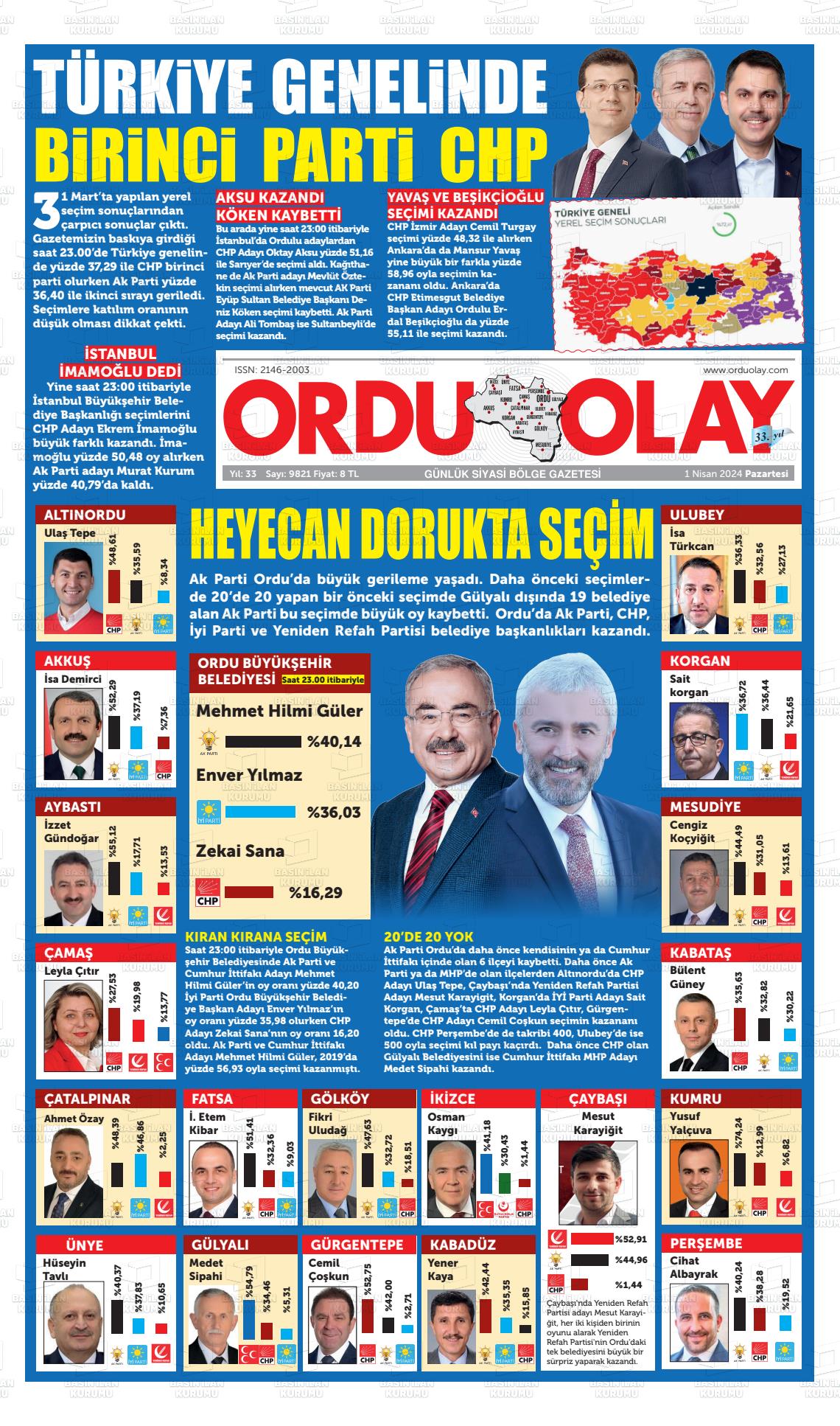 01 Nisan 2024 Ordu Olay Gazete Manşeti