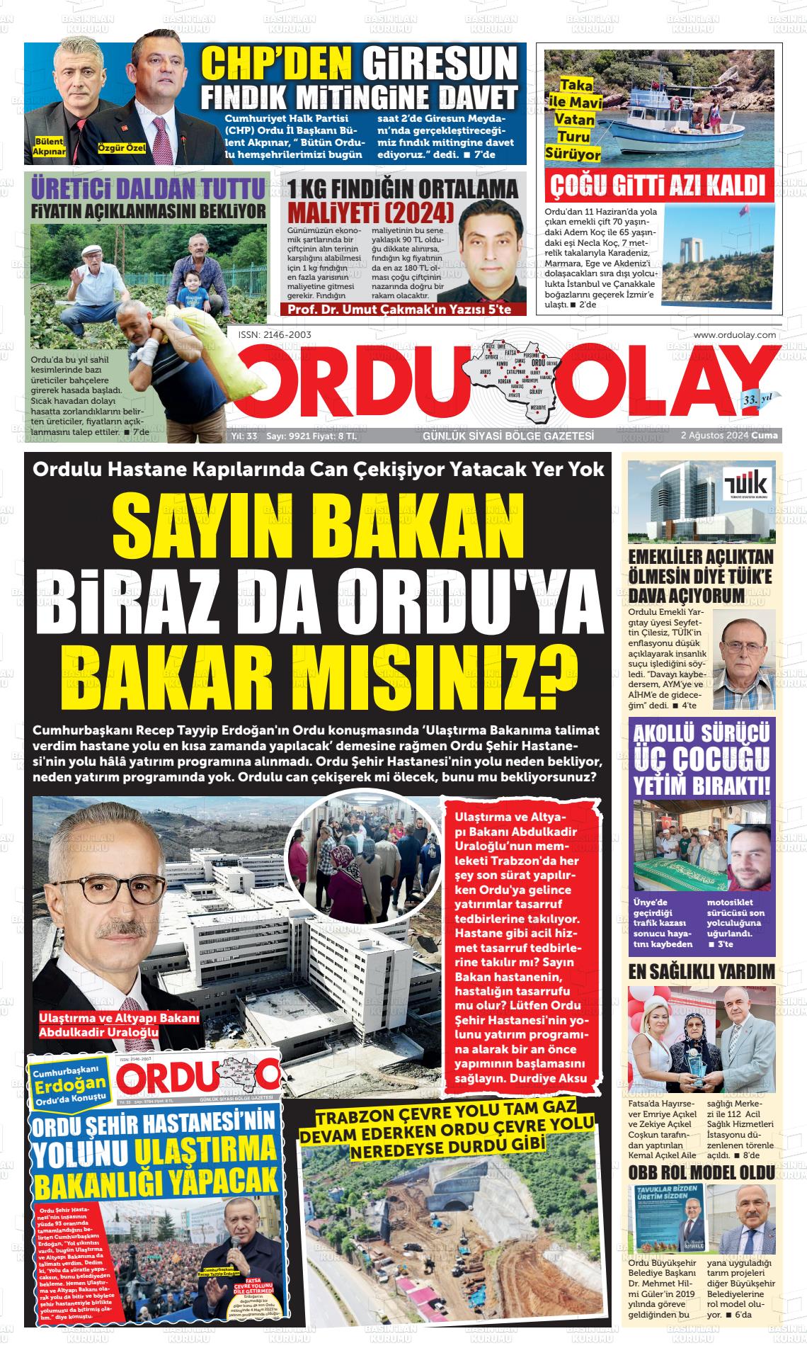 02 Ağustos 2024 Ordu Olay Gazete Manşeti