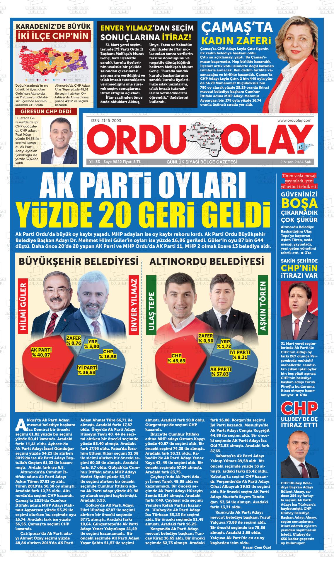 02 Nisan 2024 Ordu Olay Gazete Manşeti