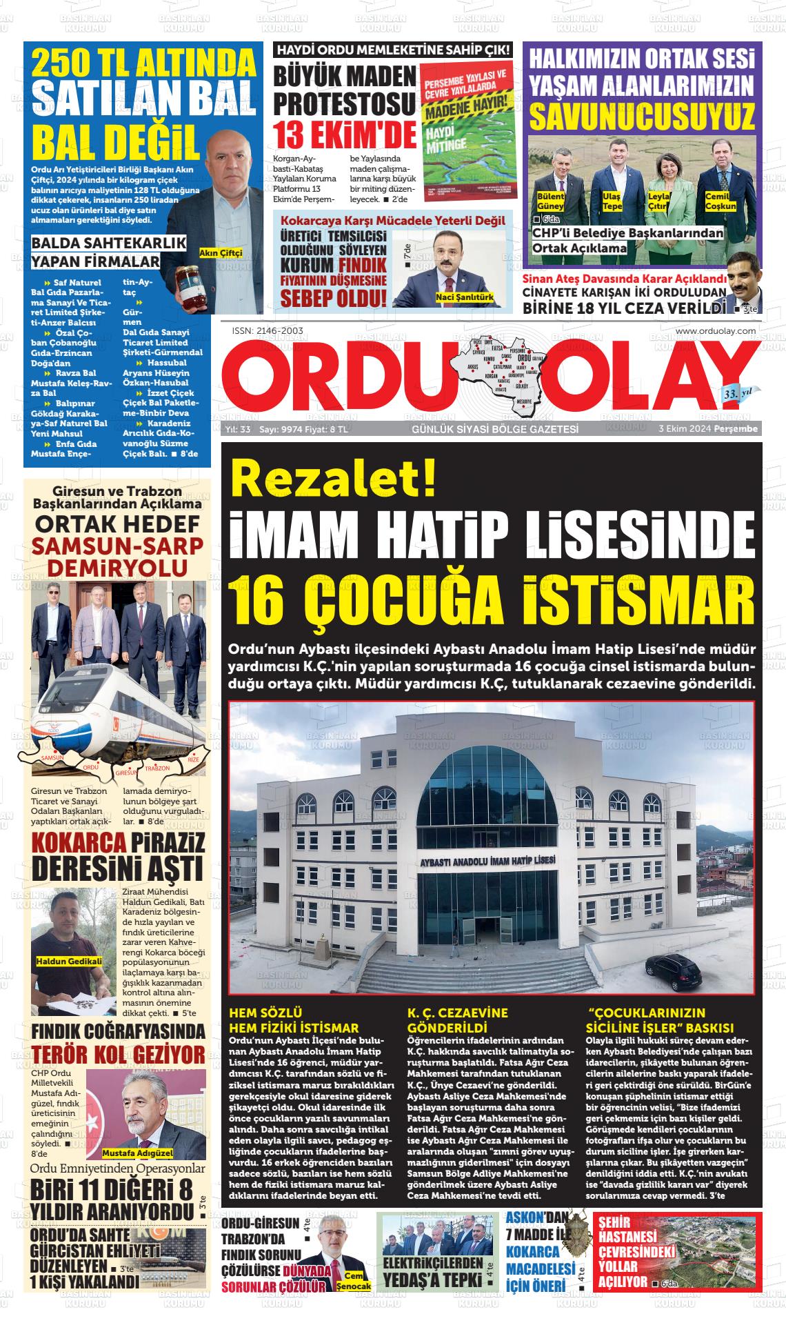 03 Ekim 2024 Ordu Olay Gazete Manşeti