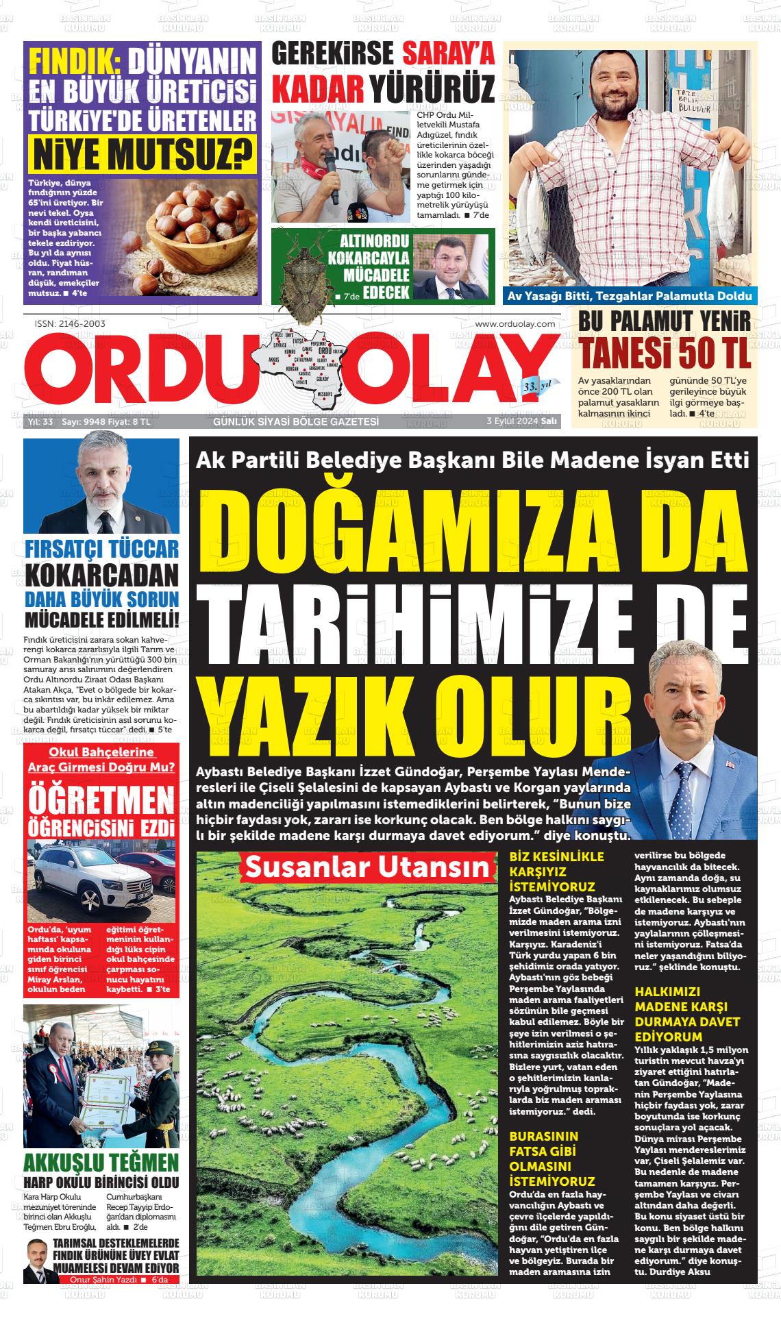 03 Eylül 2024 Ordu Olay Gazete Manşeti