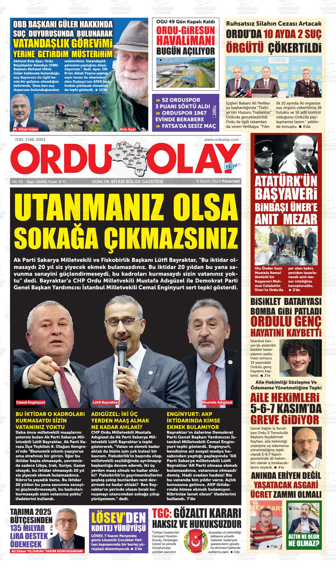 04 Kasım 2024 Ordu Olay Gazete Manşeti