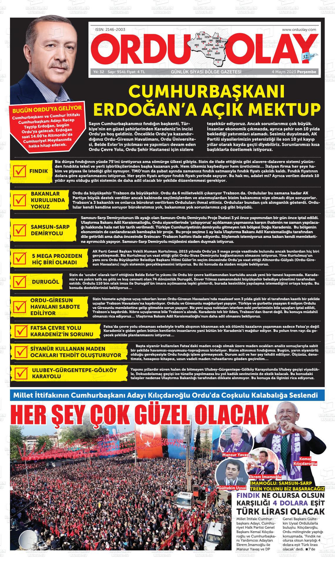 04 Mayıs 2023 Ordu Olay Gazete Manşeti