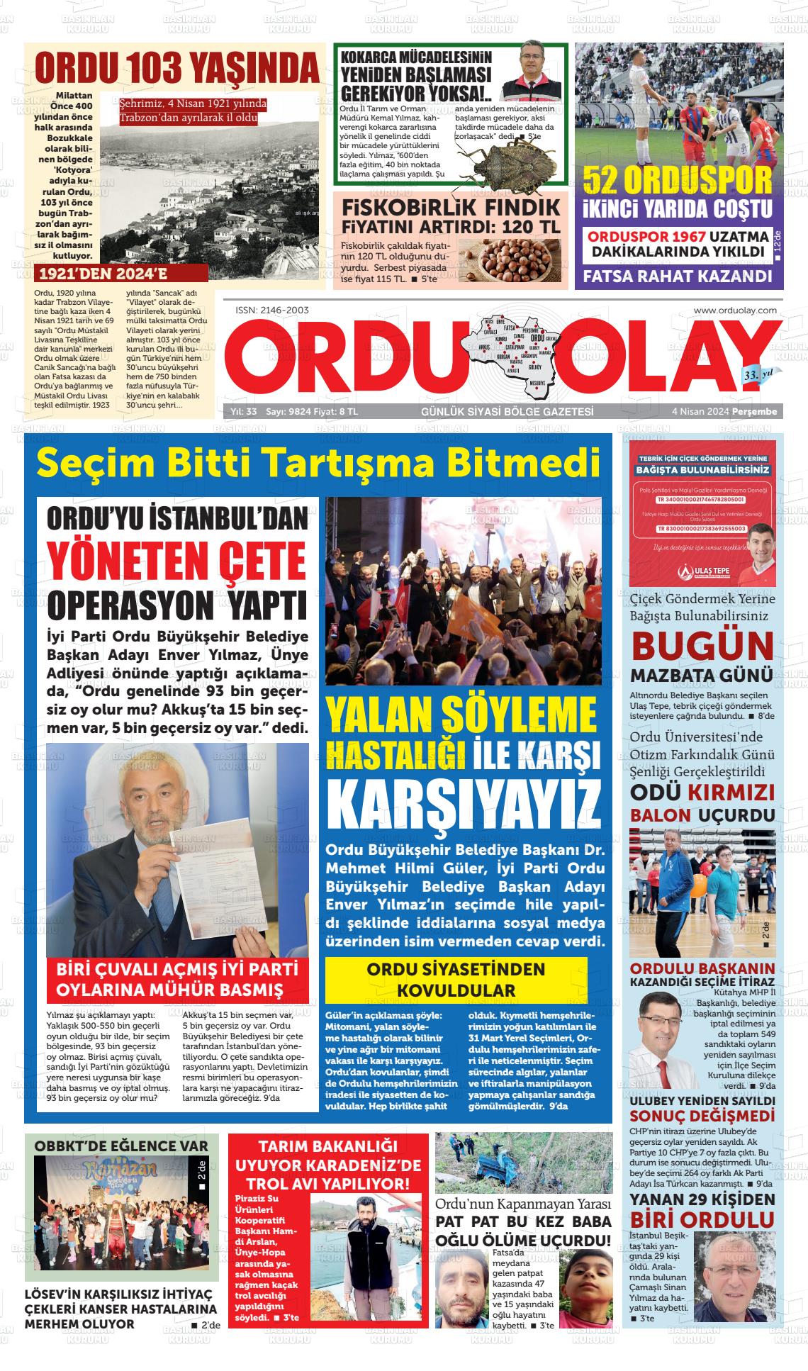 04 Nisan 2024 Ordu Olay Gazete Manşeti