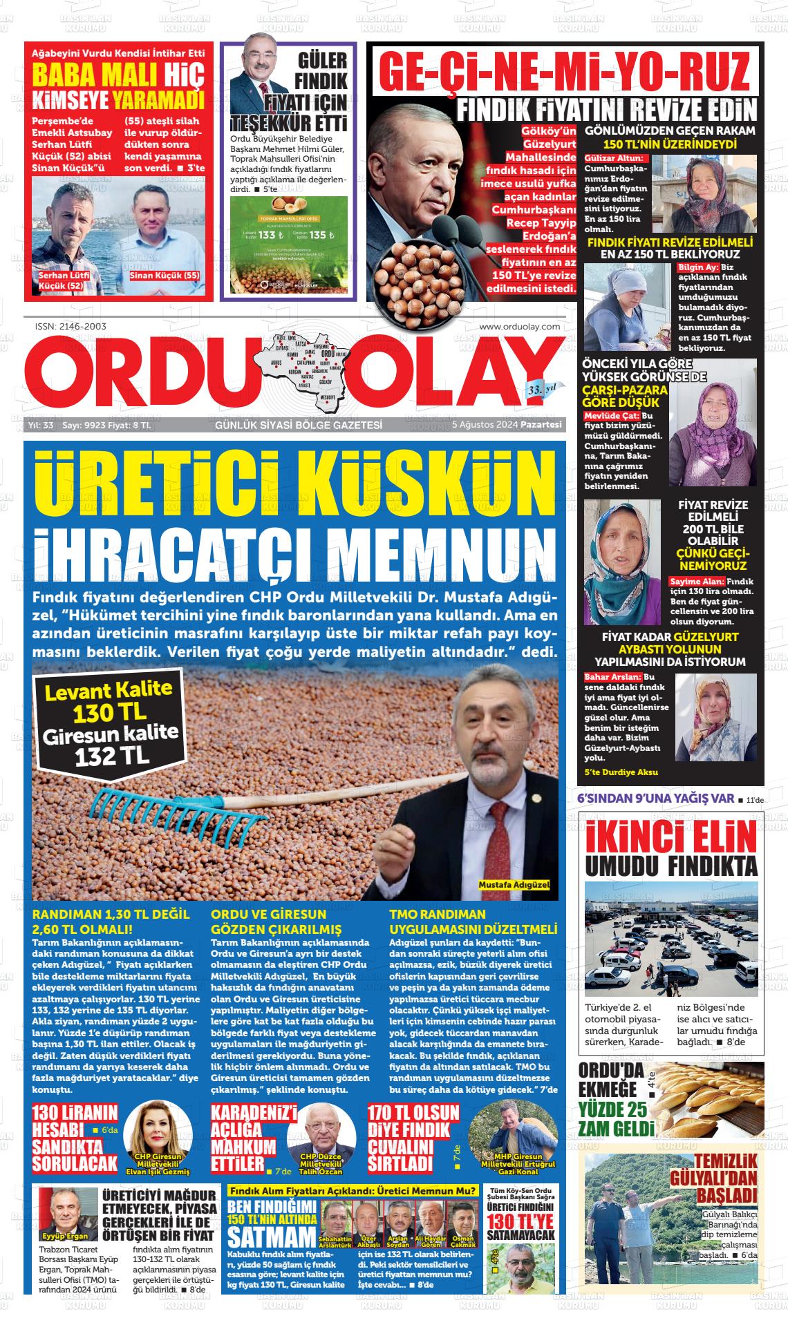 05 Ağustos 2024 Ordu Olay Gazete Manşeti