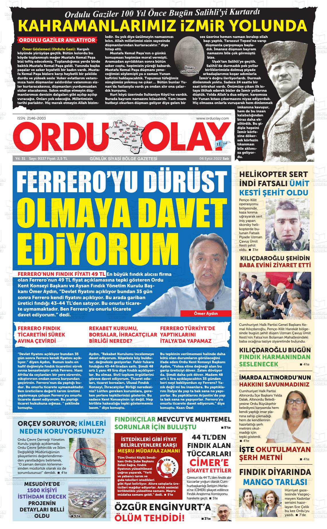 06 Eylül 2022 Ordu Olay Gazete Manşeti